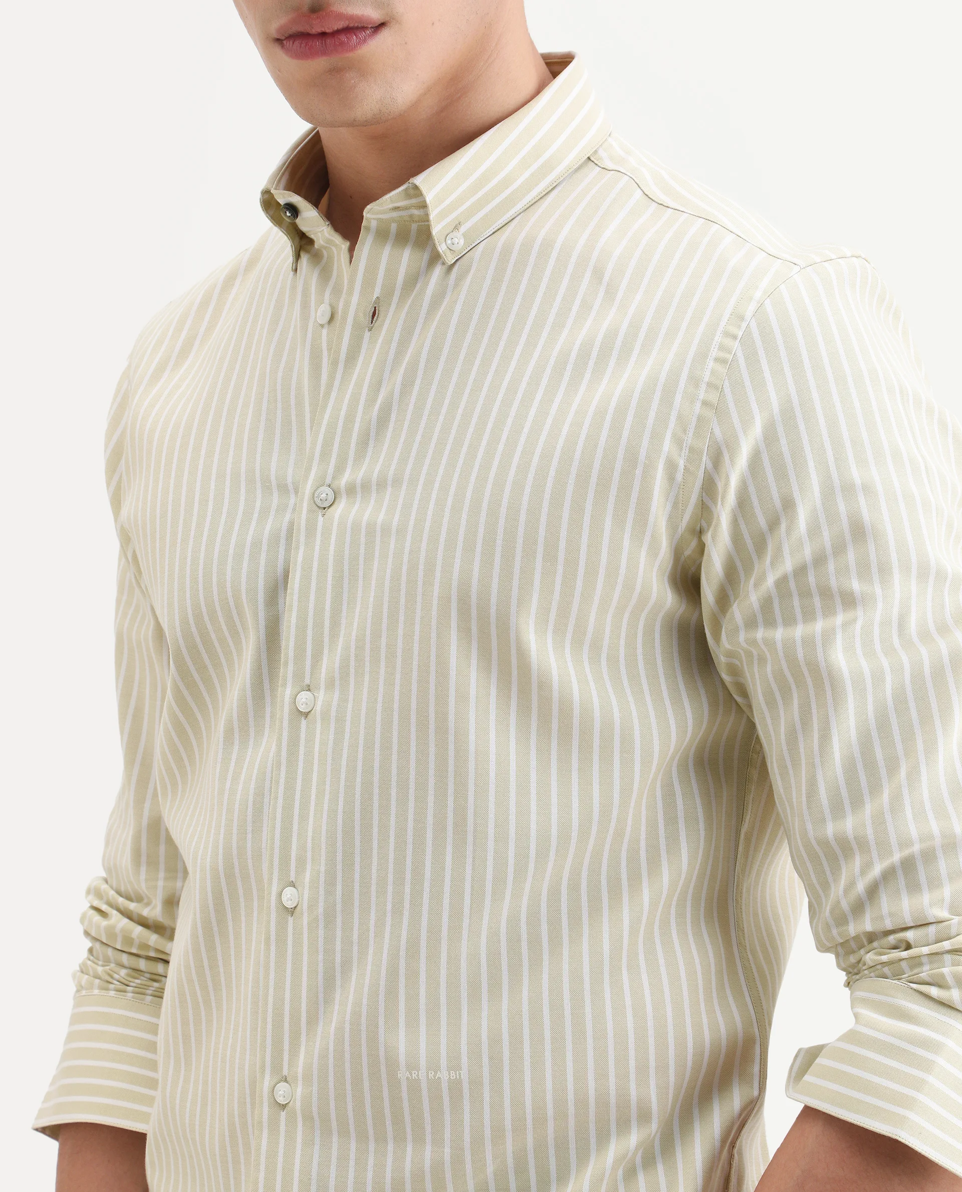 Rare Rabbit Men's Amble Dusky Green Cotton Blend Fabric Spread Collar Regular Fit Striped Shirt - Image 3