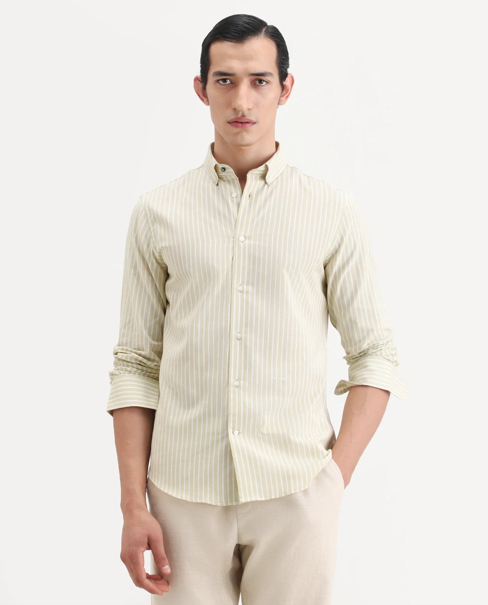 Rare Rabbit Men's Amble Dusky Green Cotton Blend Fabric Spread Collar Regular Fit Striped Shirt - Image 4
