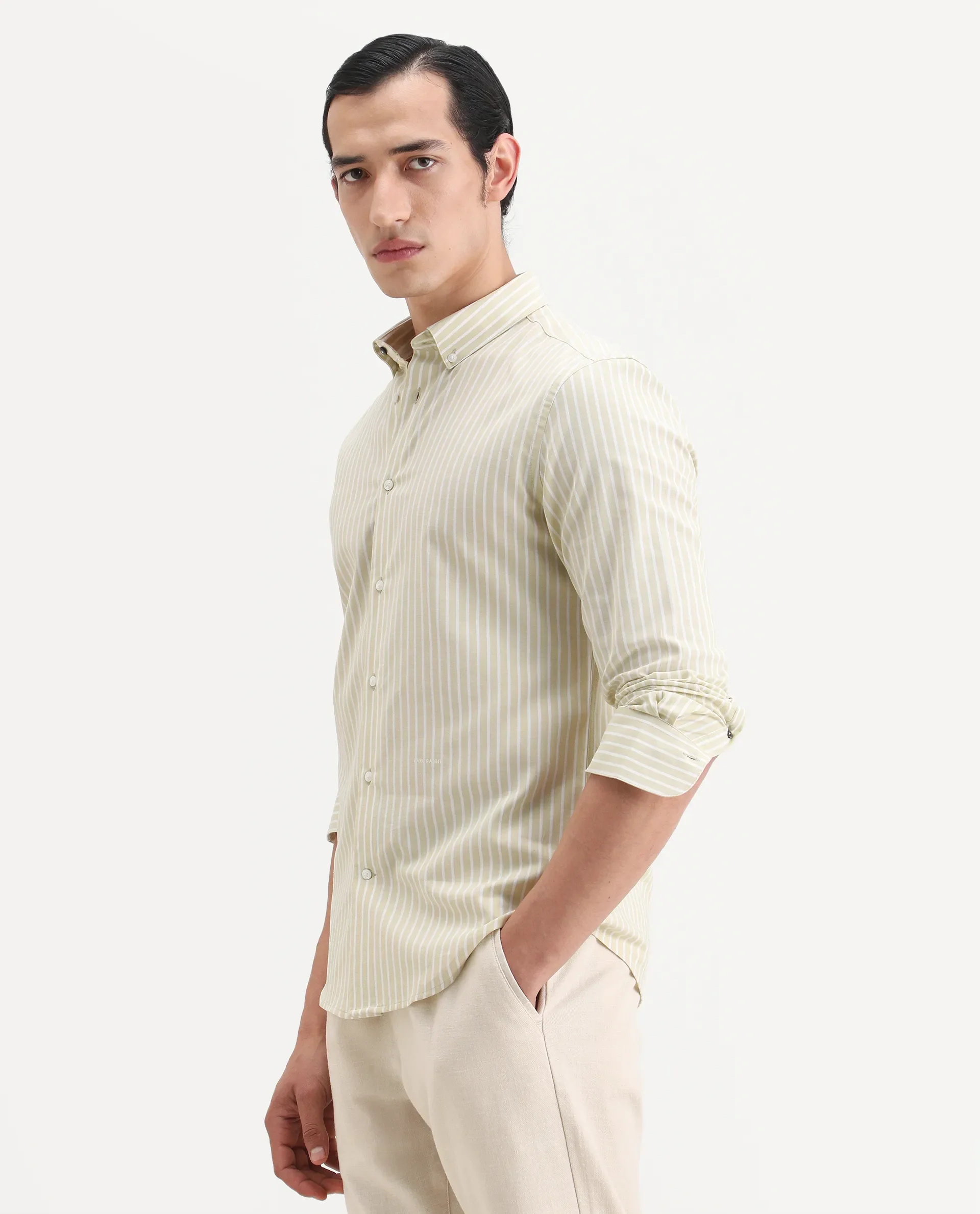 Rare Rabbit Men's Amble Dusky Green Cotton Blend Fabric Spread Collar Regular Fit Striped Shirt - Image 5