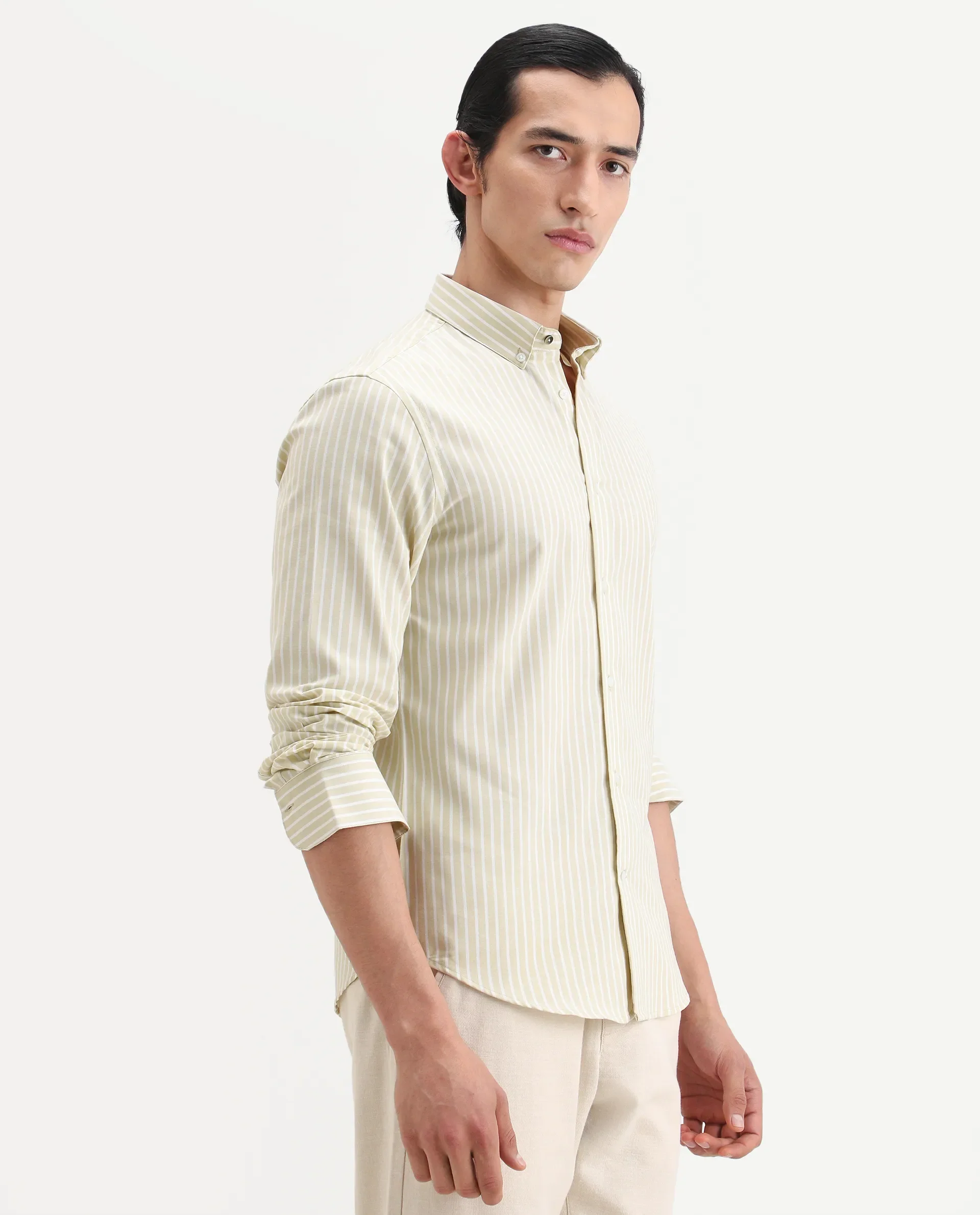 Rare Rabbit Men's Amble Dusky Green Cotton Blend Fabric Spread Collar Regular Fit Striped Shirt - Image 6