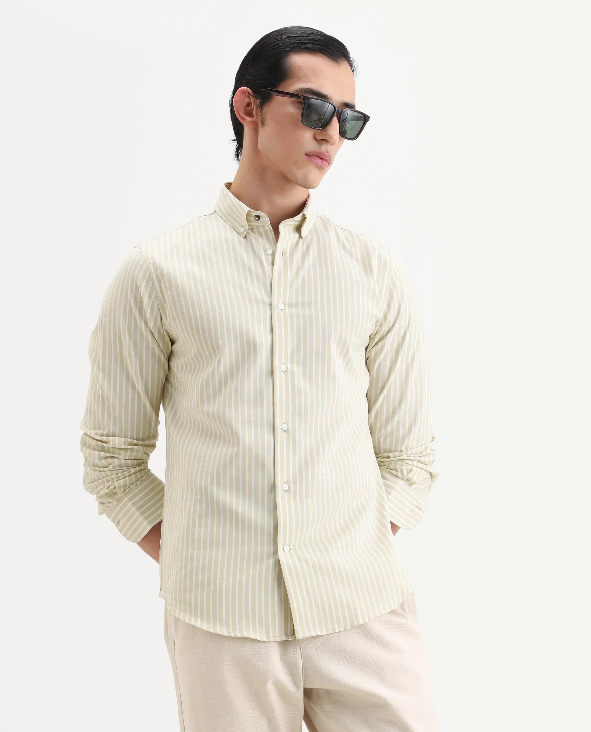 Rare Rabbit Men's Amble Dusky Green Cotton Blend Fabric Spread Collar Regular Fit Striped Shirt - Image 7