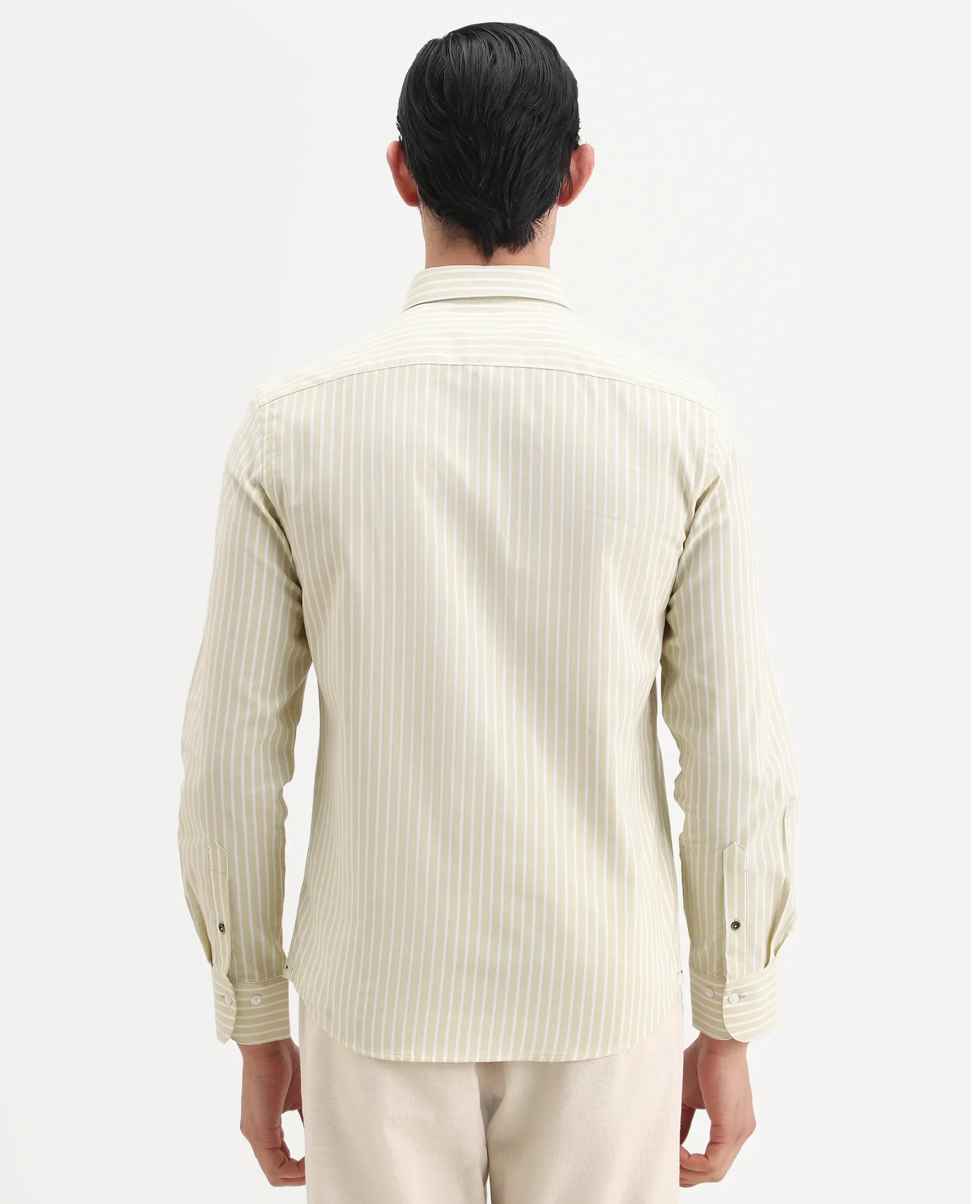 Rare Rabbit Men's Amble Dusky Green Cotton Blend Fabric Spread Collar Regular Fit Striped Shirt - Image 8