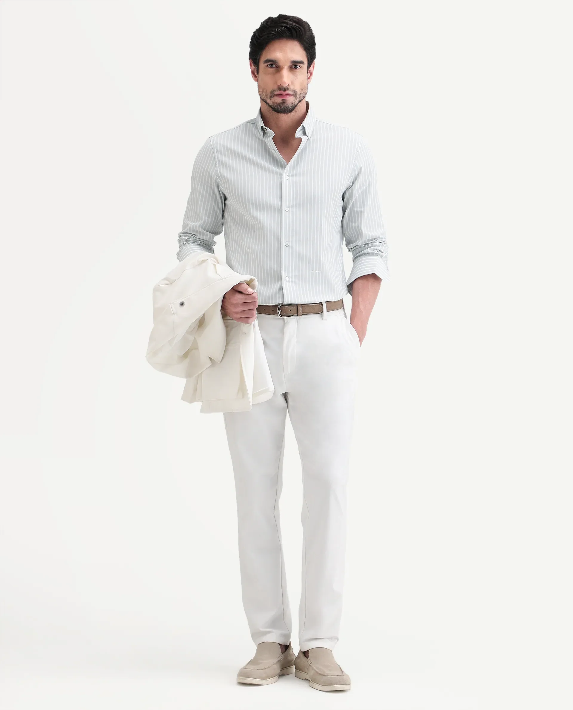 Rare Rabbit Men's Amble Light Grey Cotton Blend Fabric Spread Collar Regular Fit Striped Shirt - Image 2