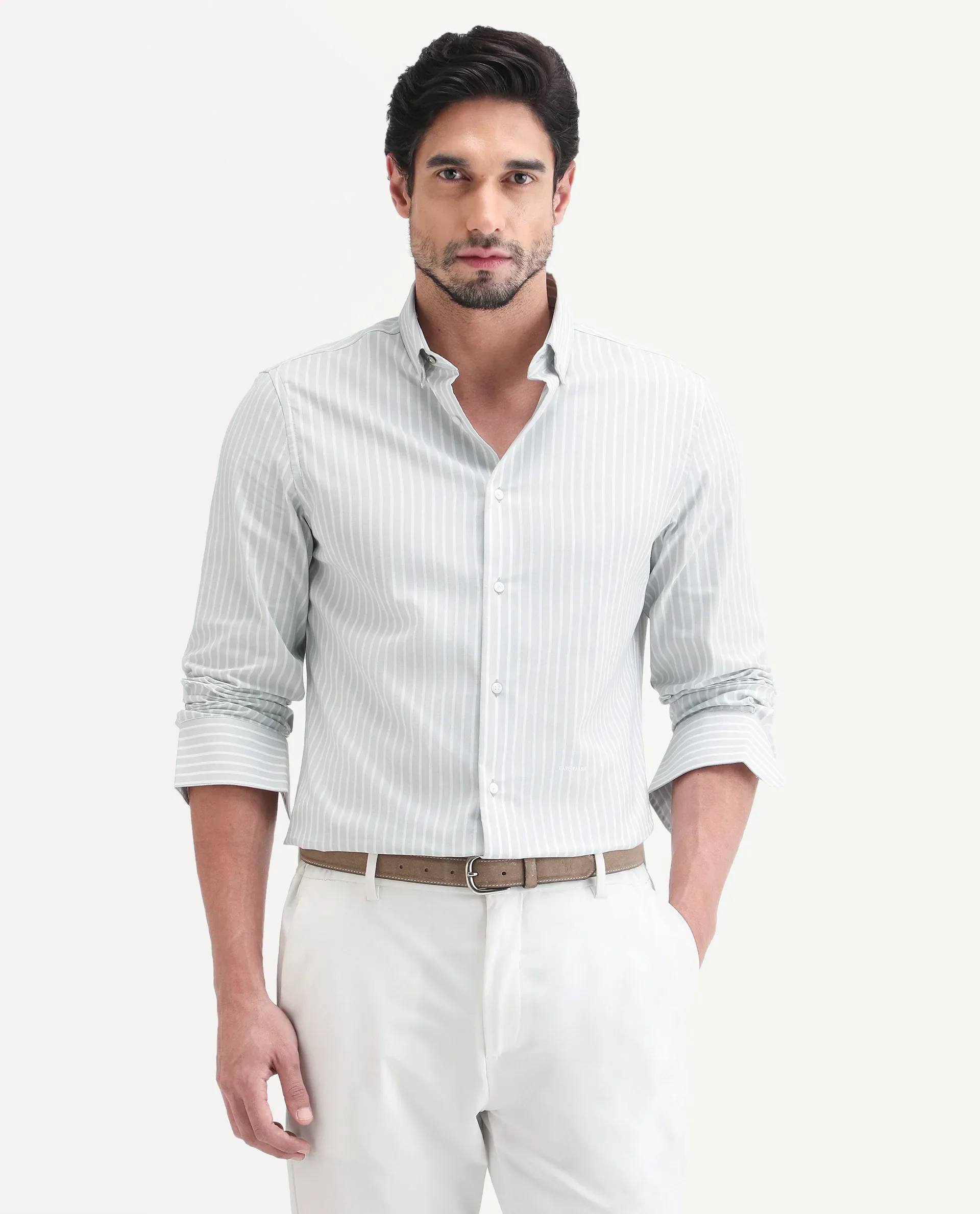 Rare Rabbit Men's Amble Light Grey Cotton Blend Fabric Spread Collar Regular Fit Striped Shirt - Image 4