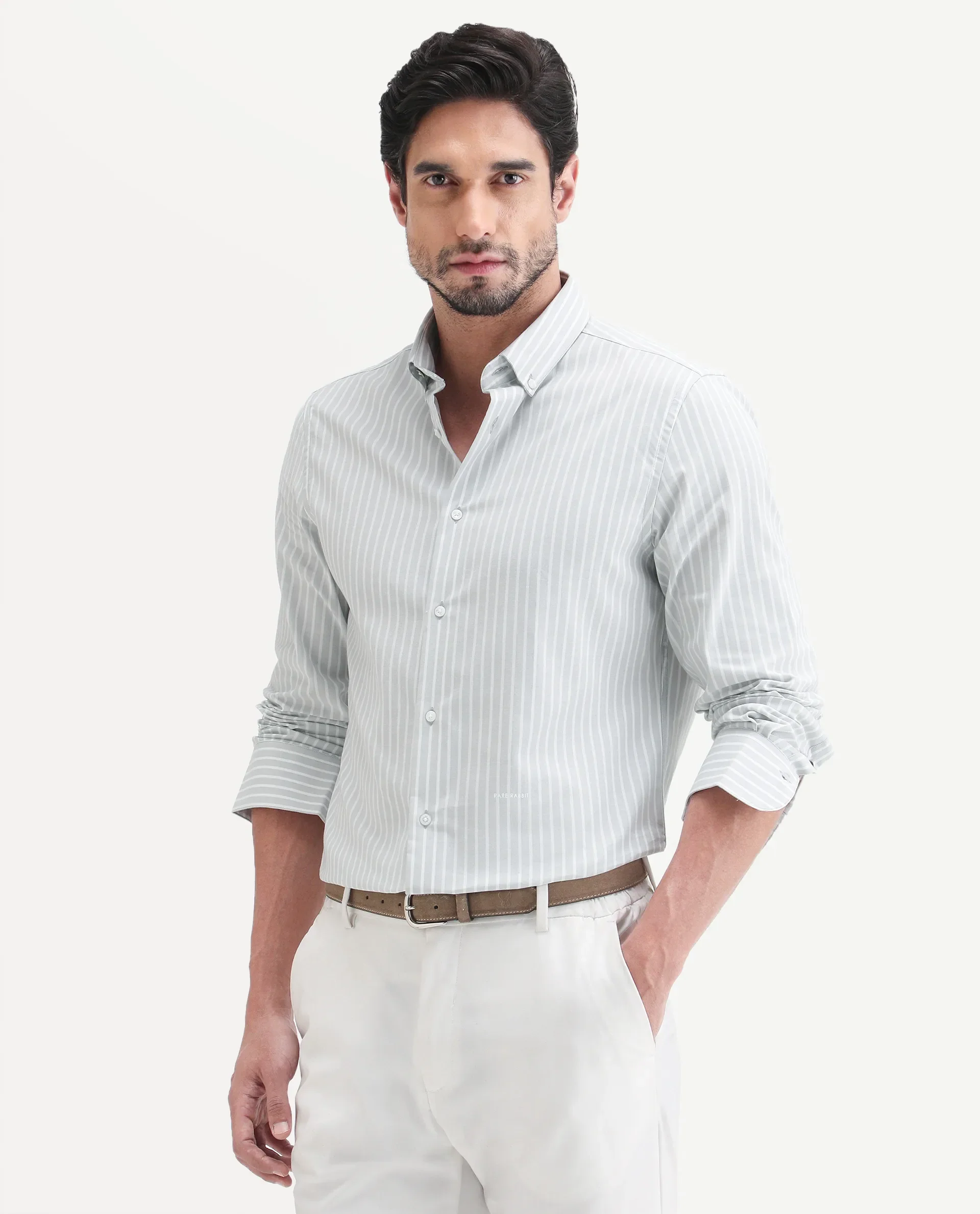 Rare Rabbit Men's Amble Light Grey Cotton Blend Fabric Spread Collar Regular Fit Striped Shirt - Image 5