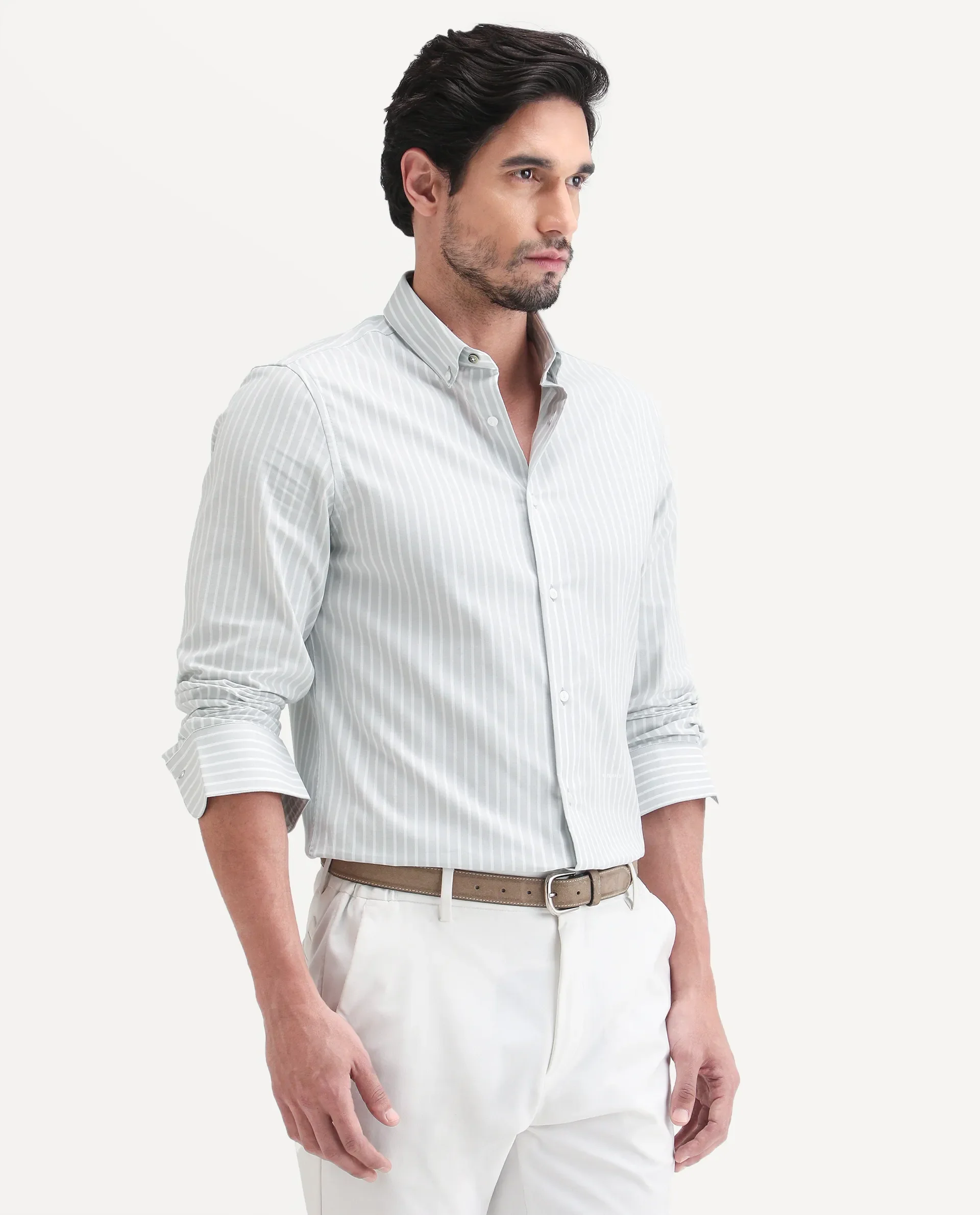 Rare Rabbit Men's Amble Light Grey Cotton Blend Fabric Spread Collar Regular Fit Striped Shirt - Image 6