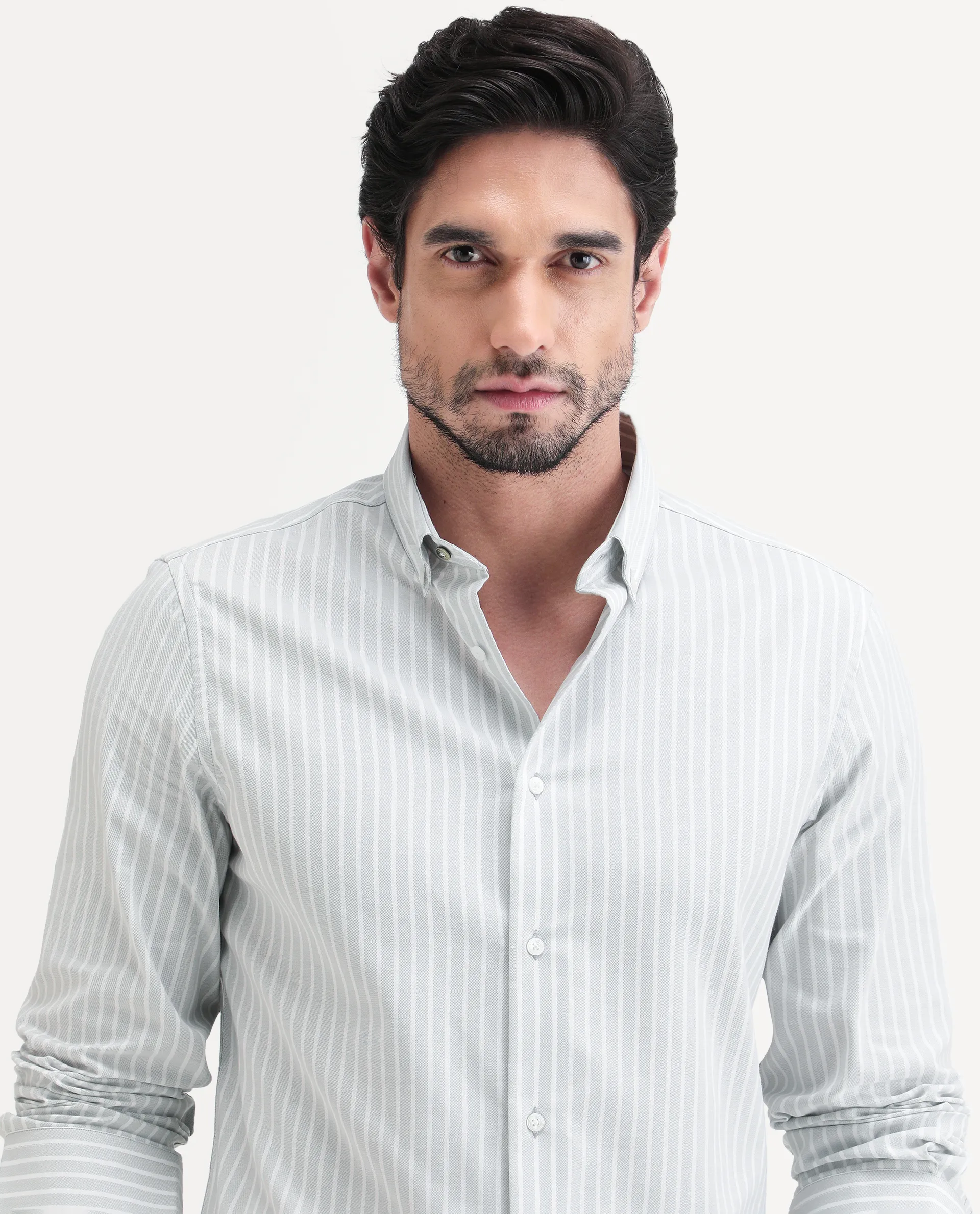 Rare Rabbit Men's Amble Light Grey Cotton Blend Fabric Spread Collar Regular Fit Striped Shirt - Image 7
