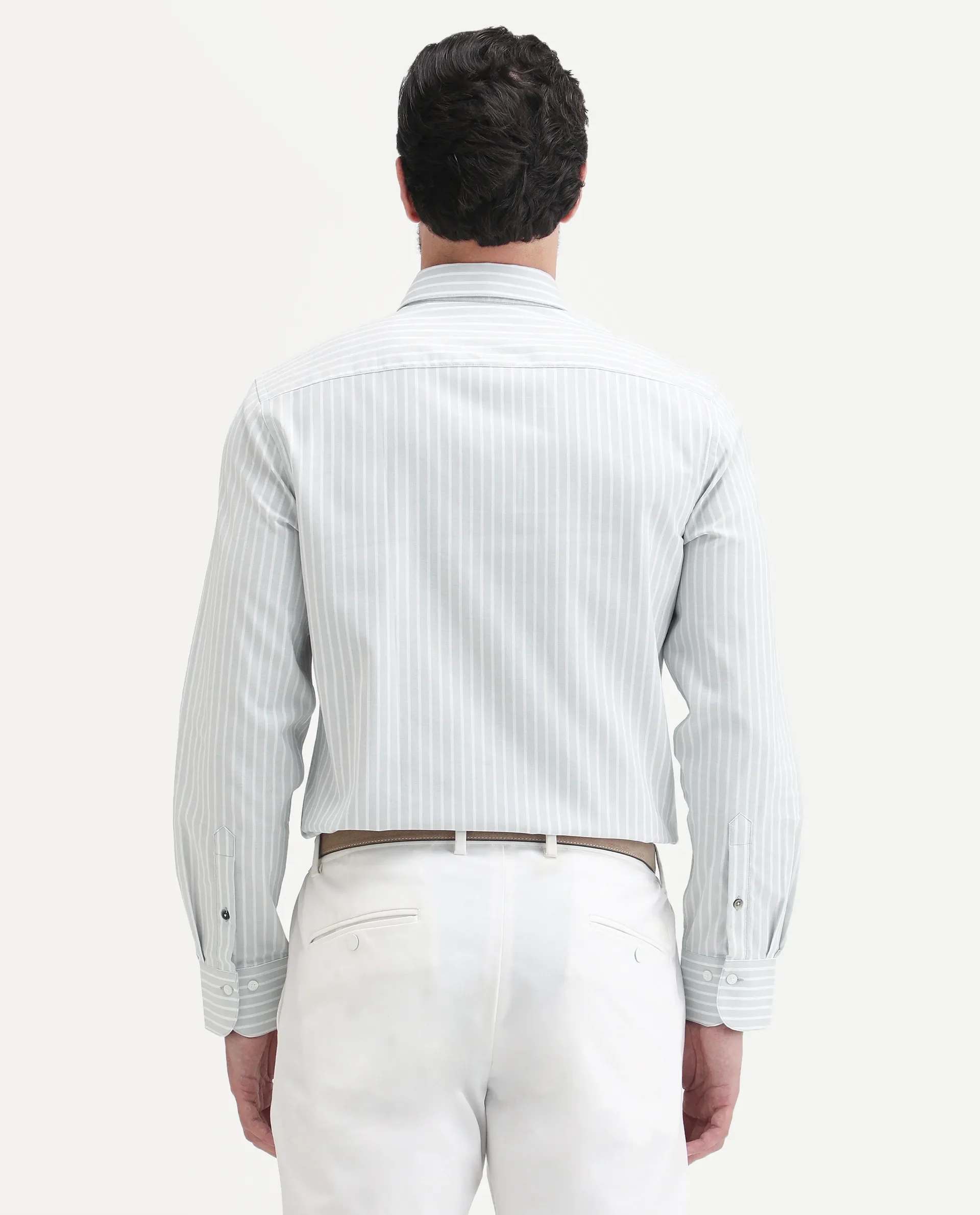 Rare Rabbit Men's Amble Light Grey Cotton Blend Fabric Spread Collar Regular Fit Striped Shirt - Image 8