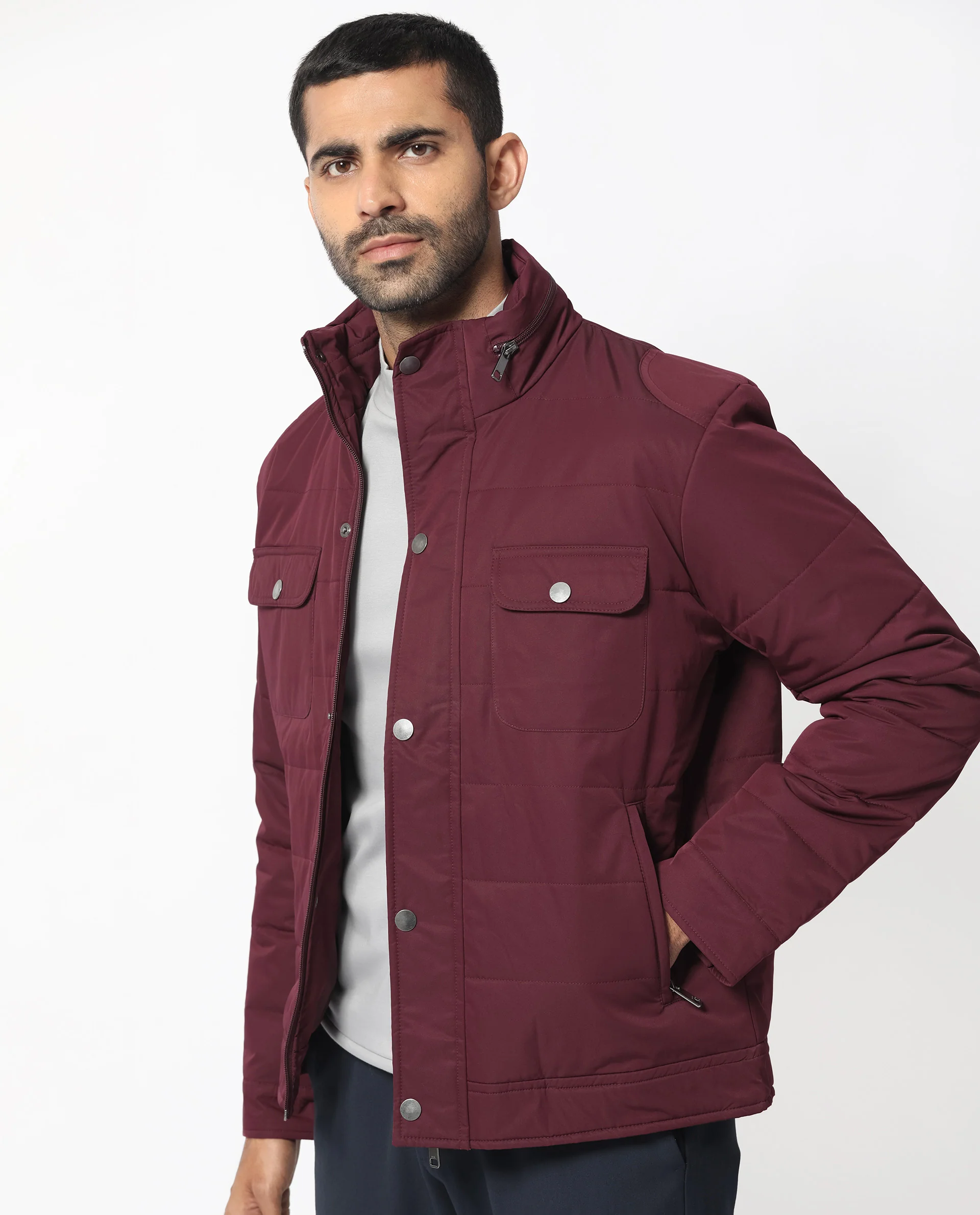 Rare Rabbit Men's Ambr Dark Maroon Polyester Plain Tailored Fit Full Sleeve Mandarin Collar Jacket