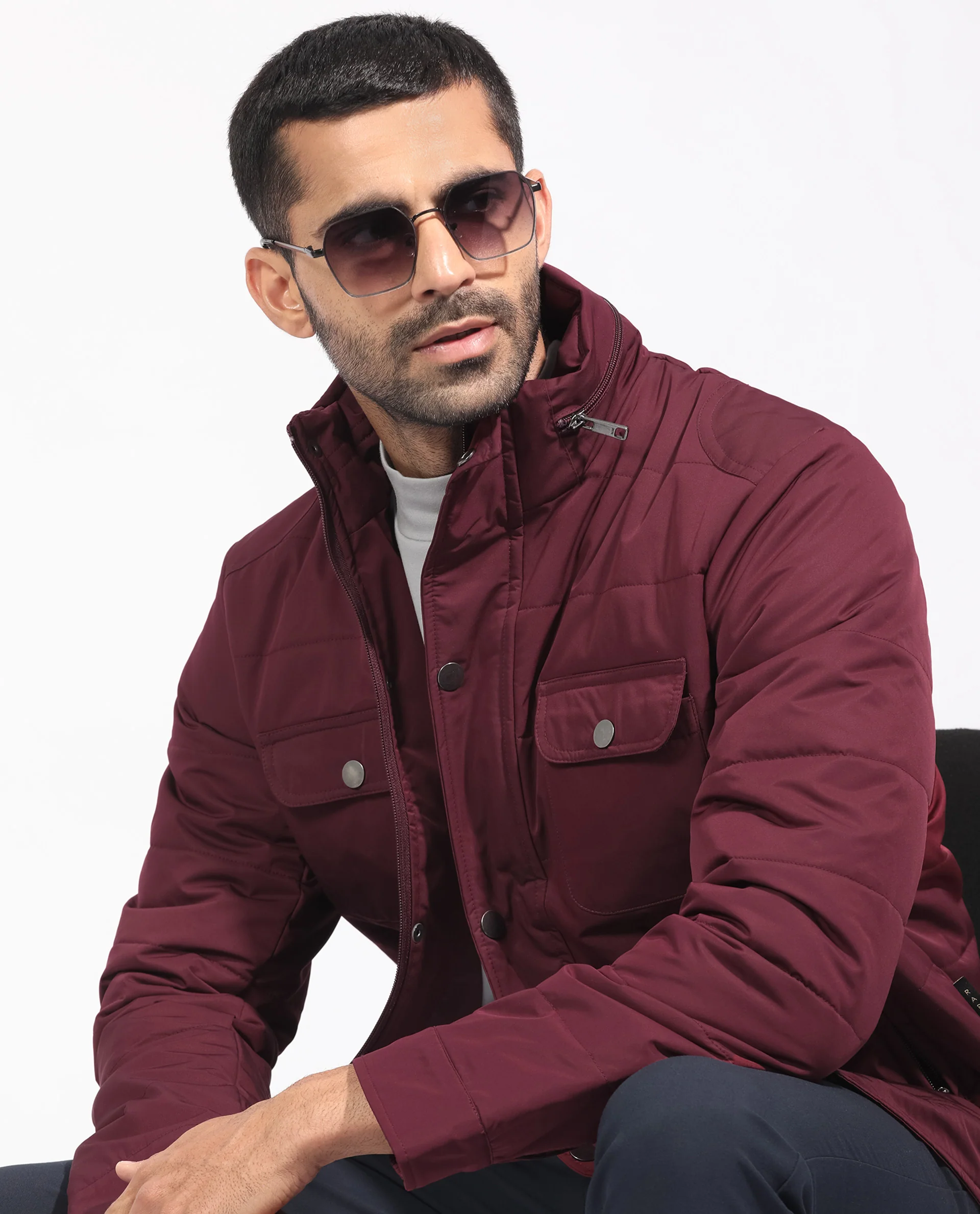 Rare Rabbit Men's Ambr Dark Maroon Polyester Plain Tailored Fit Full Sleeve Mandarin Collar Jacket - Image 2
