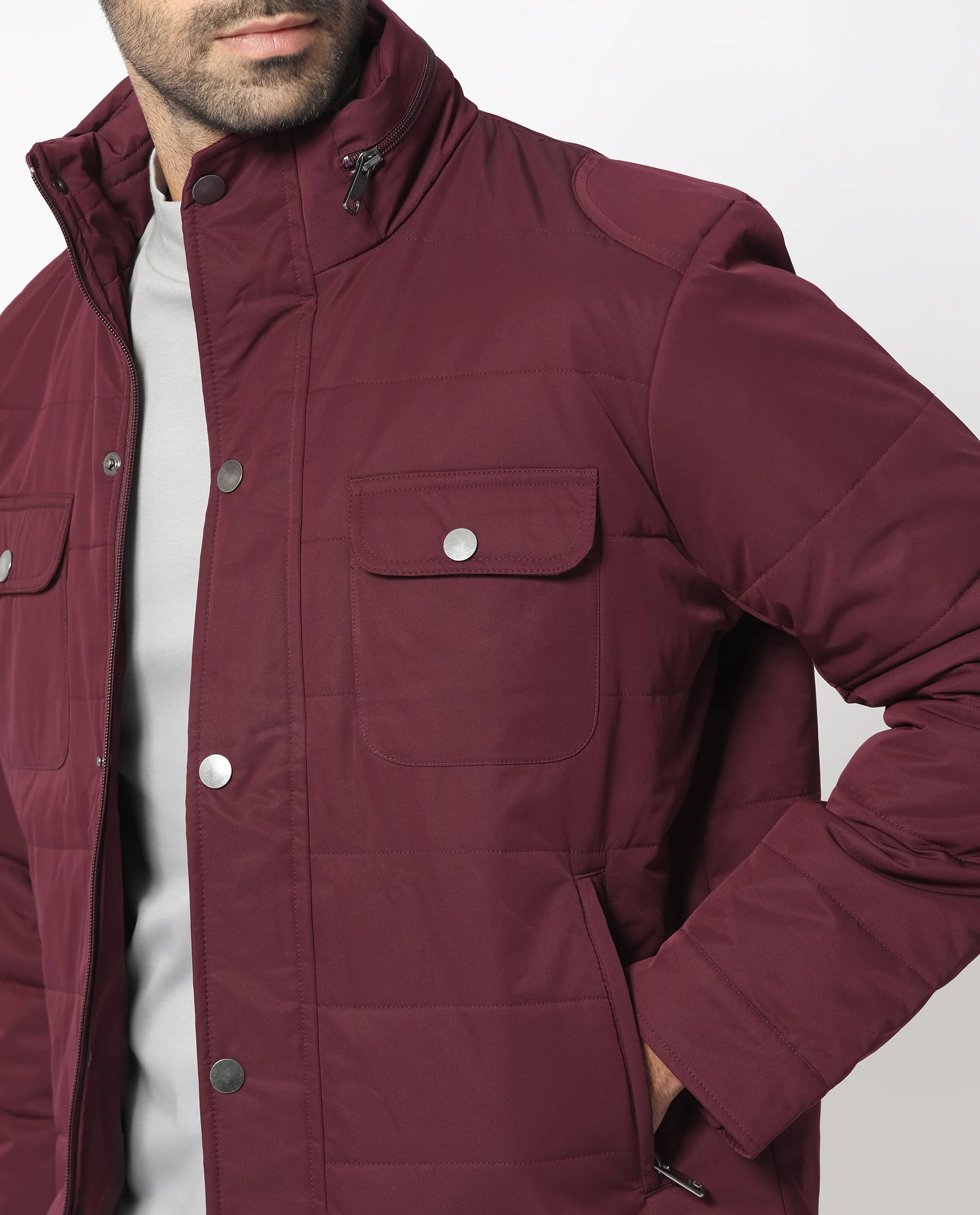 Rare Rabbit Men's Ambr Dark Maroon Polyester Plain Tailored Fit Full Sleeve Mandarin Collar Jacket - Image 3