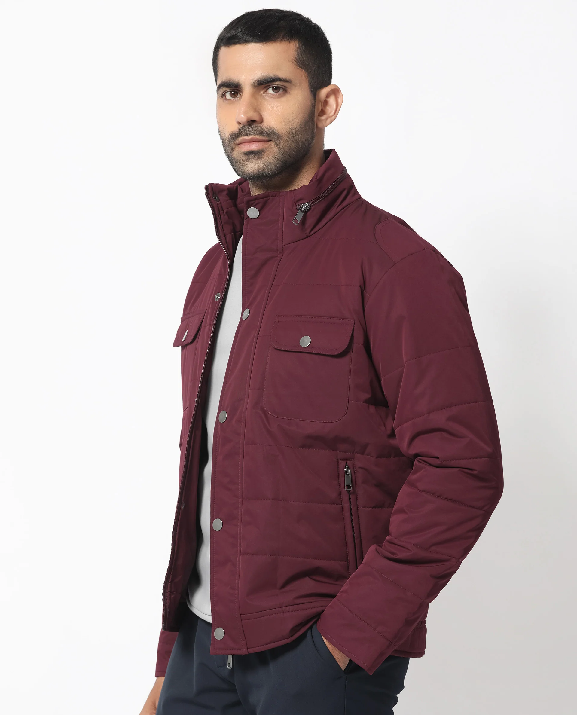 Rare Rabbit Men's Ambr Dark Maroon Polyester Plain Tailored Fit Full Sleeve Mandarin Collar Jacket - Image 5