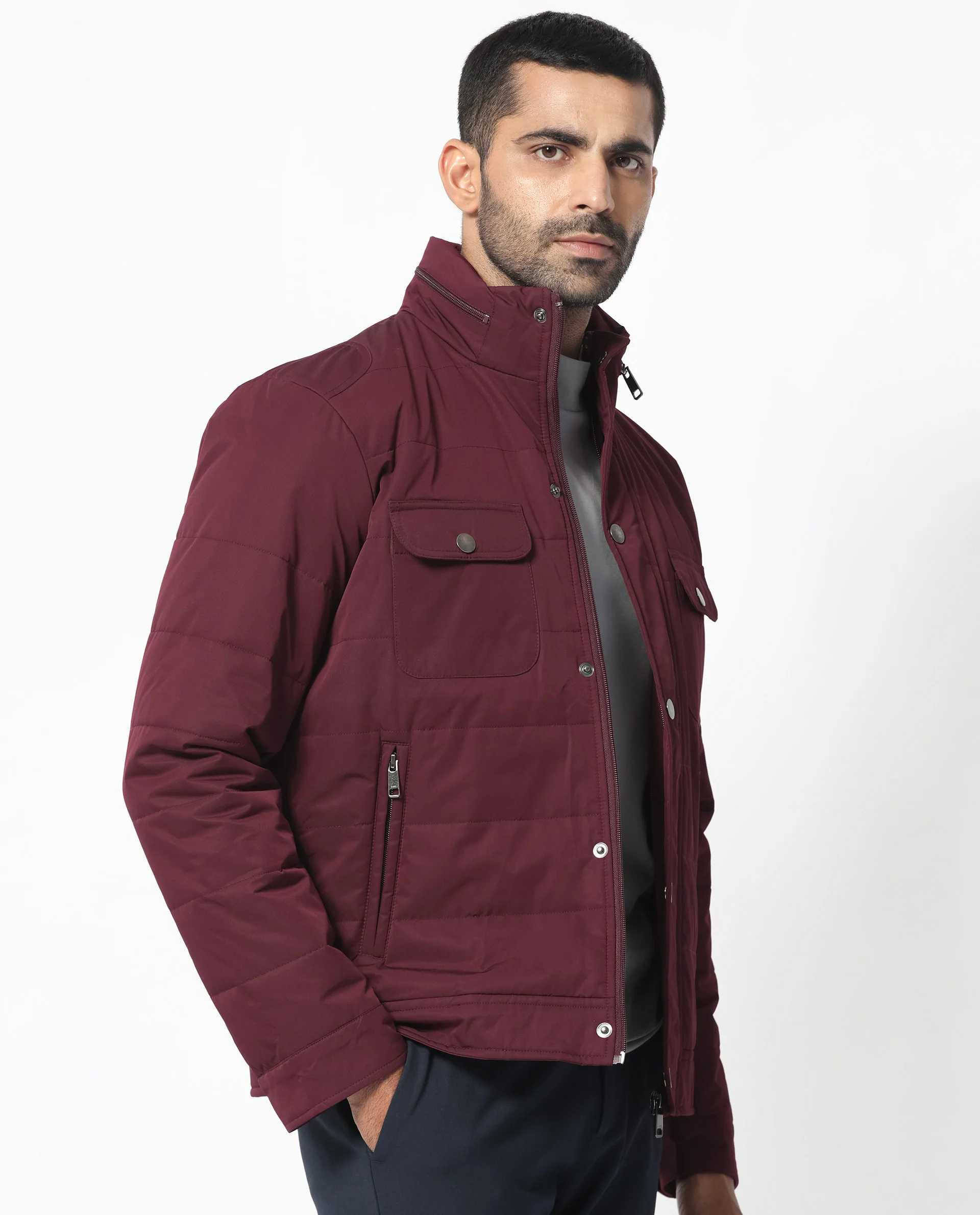 Rare Rabbit Men's Ambr Dark Maroon Polyester Plain Tailored Fit Full Sleeve Mandarin Collar Jacket - Image 6