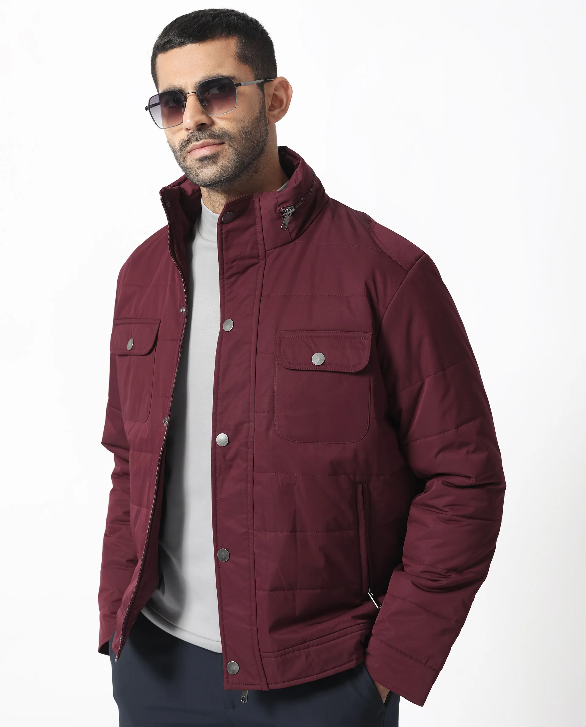 Rare Rabbit Men's Ambr Dark Maroon Polyester Plain Tailored Fit Full Sleeve Mandarin Collar Jacket - Image 7