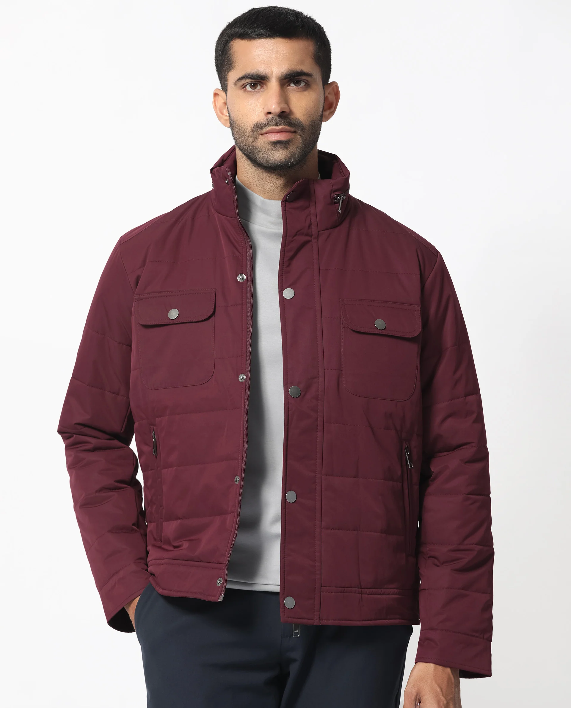Rare Rabbit Men's Ambr Dark Maroon Polyester Plain Tailored Fit Full Sleeve Mandarin Collar Jacket - Image 8
