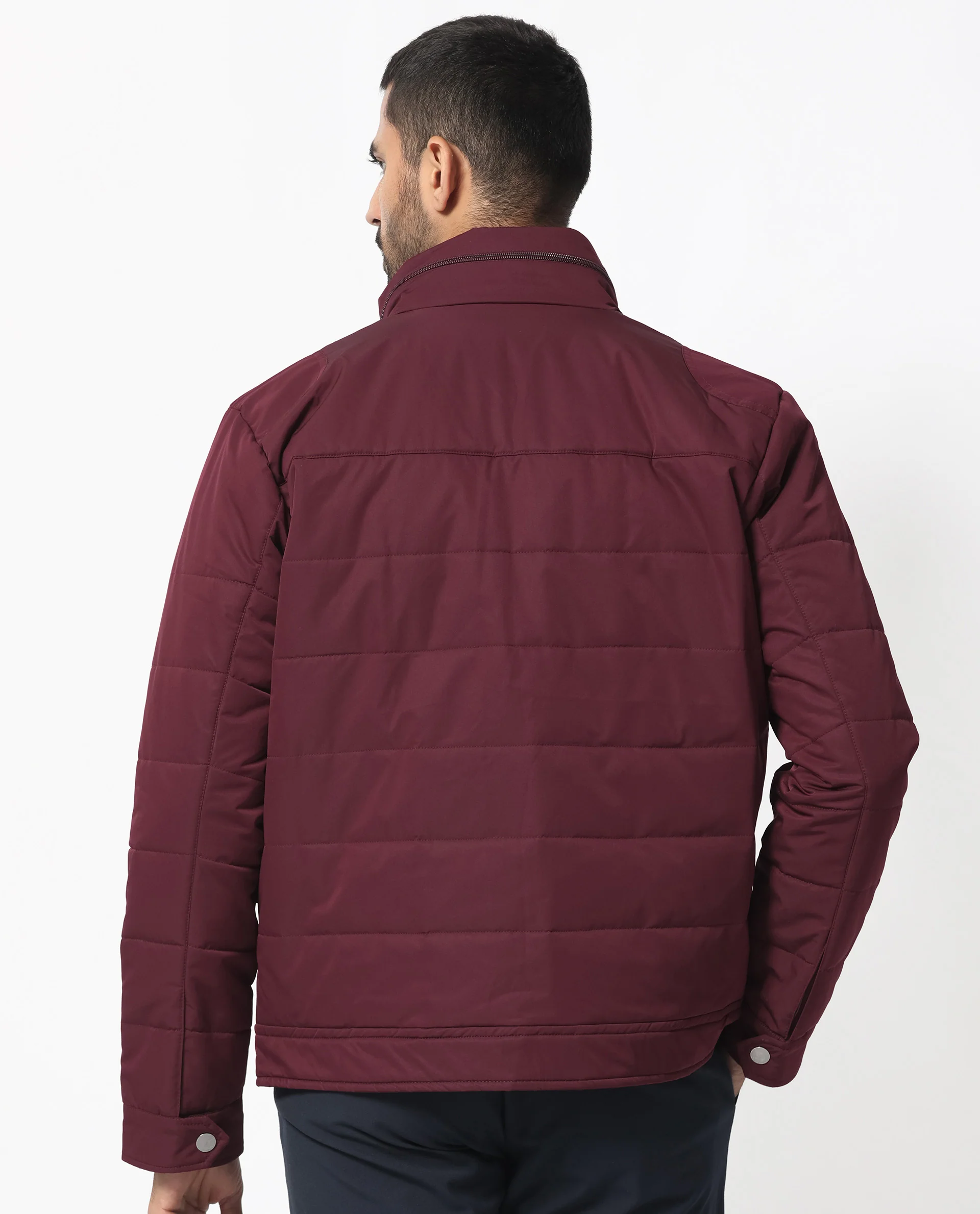 Rare Rabbit Men's Ambr Dark Maroon Polyester Plain Tailored Fit Full Sleeve Mandarin Collar Jacket - Image 9