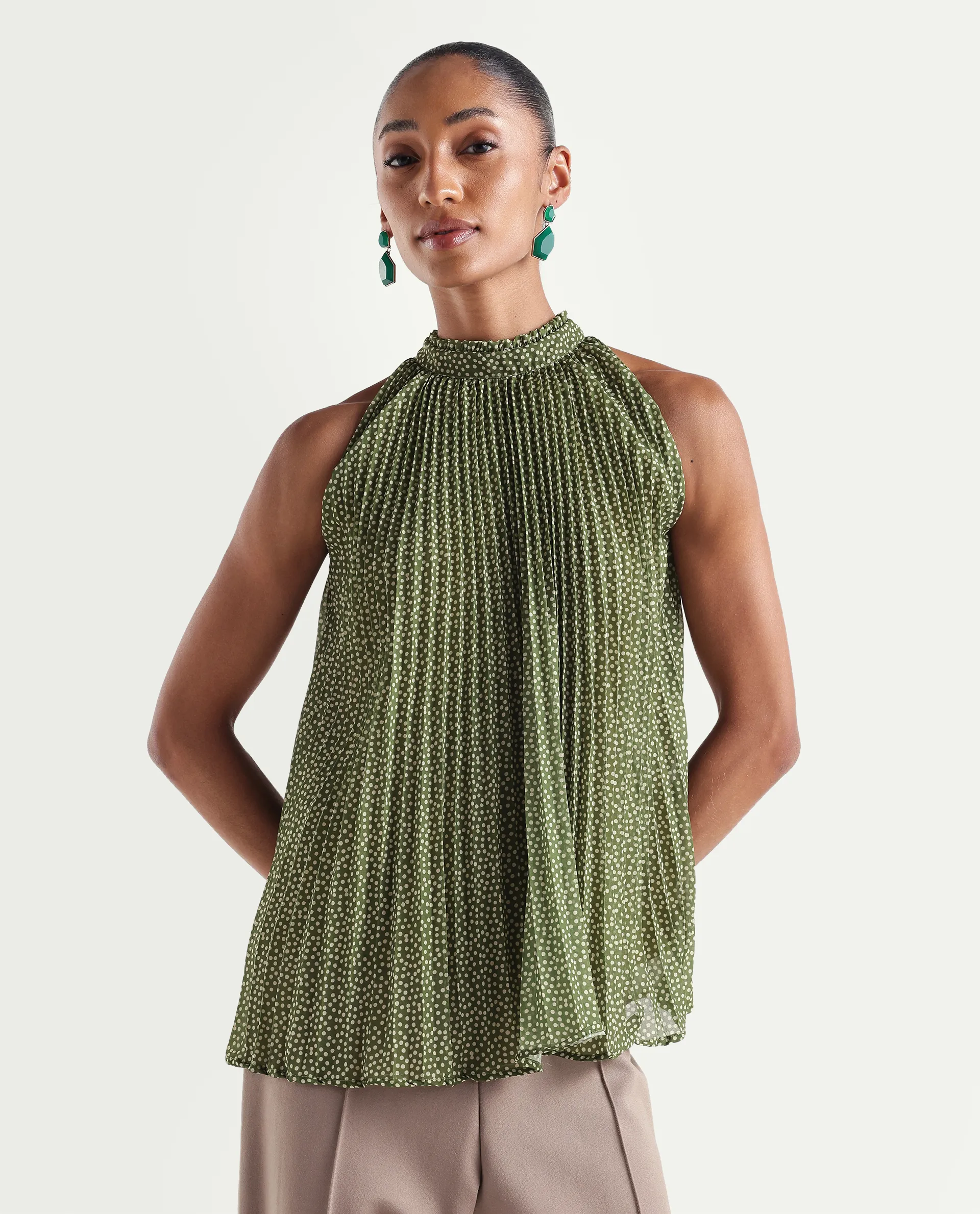 Rareism Women's Ambra Olive Polyester Sleeveless Regular Fit Polka Print Top - Image 3