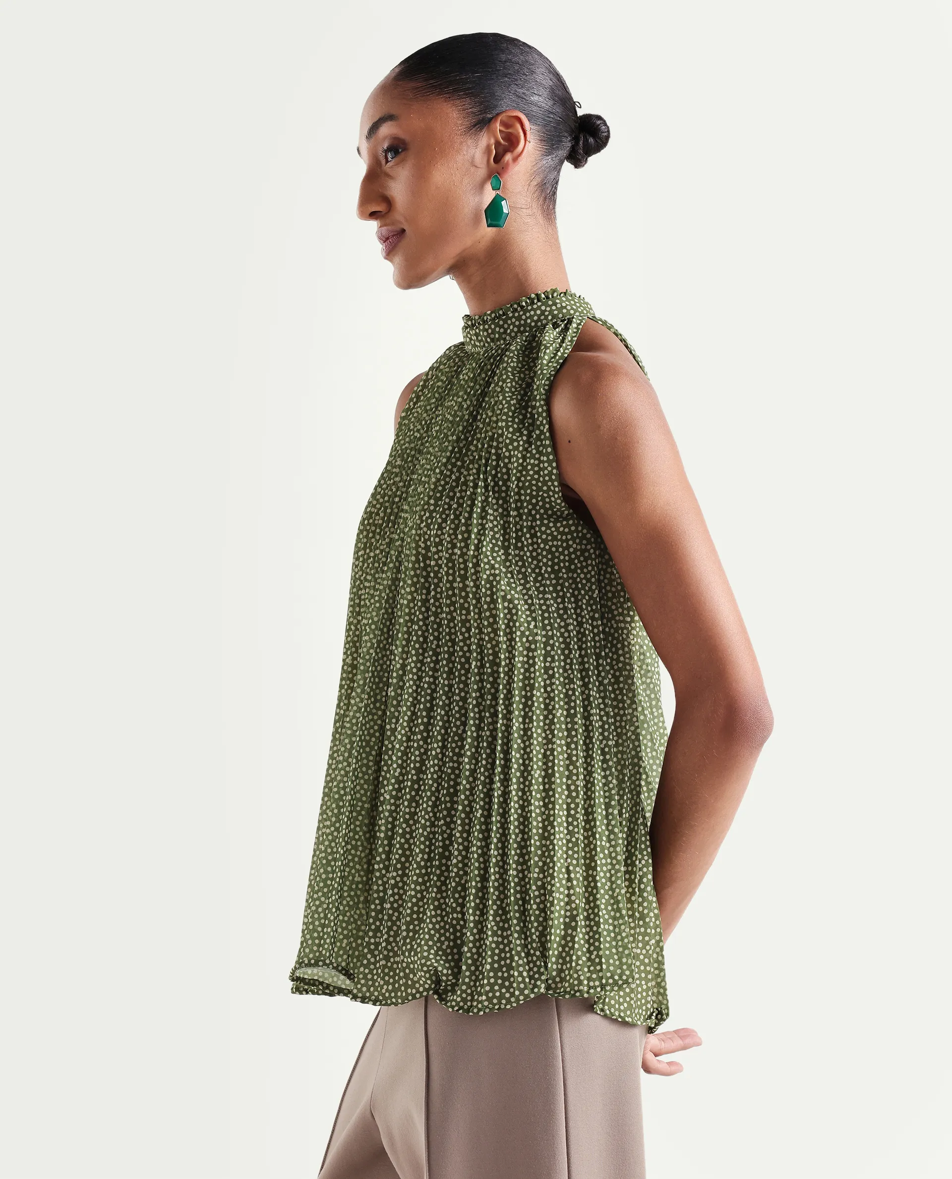 Rareism Women's Ambra Olive Polyester Sleeveless Regular Fit Polka Print Top - Image 5