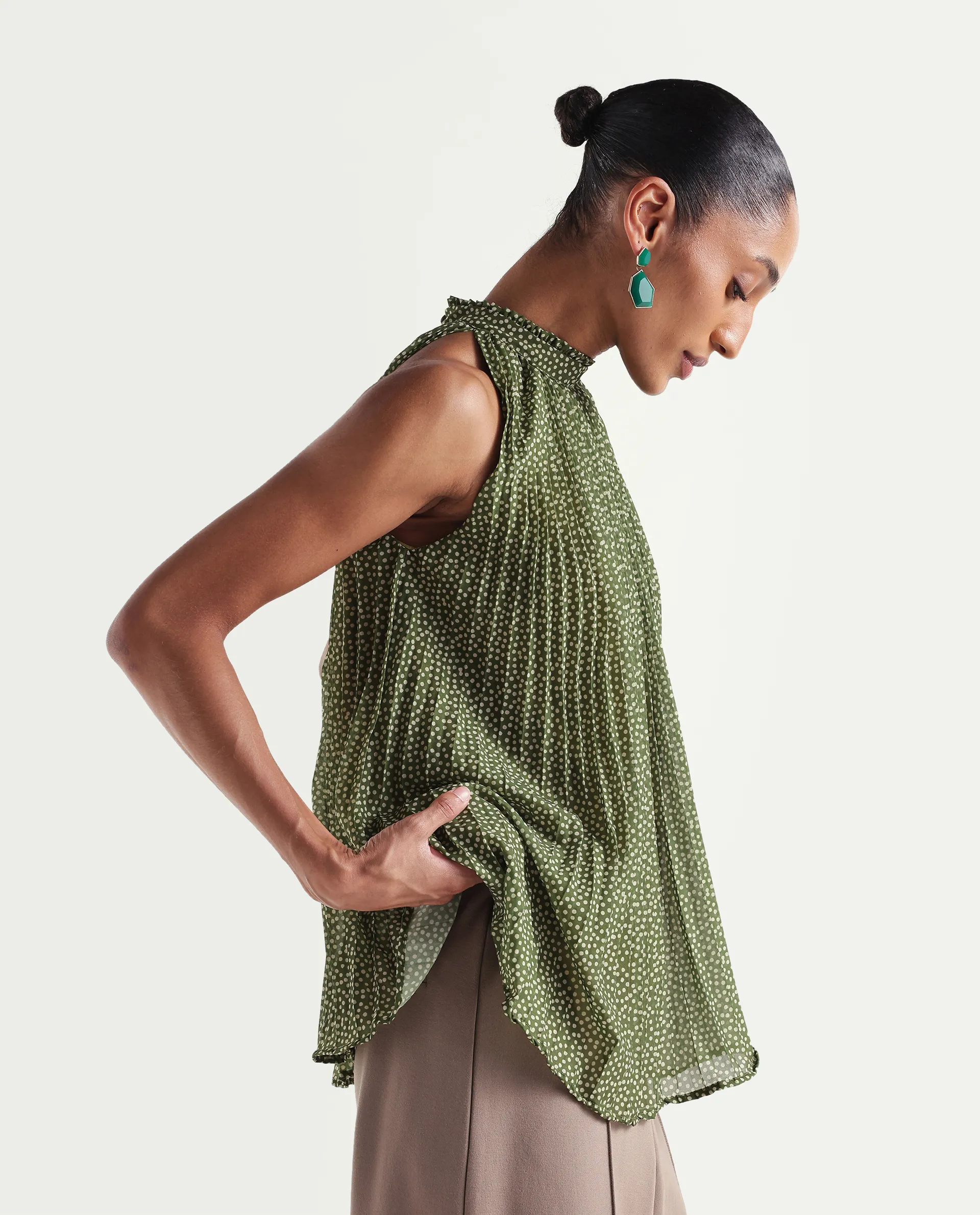Rareism Women's Ambra Olive Polyester Sleeveless Regular Fit Polka Print Top - Image 6
