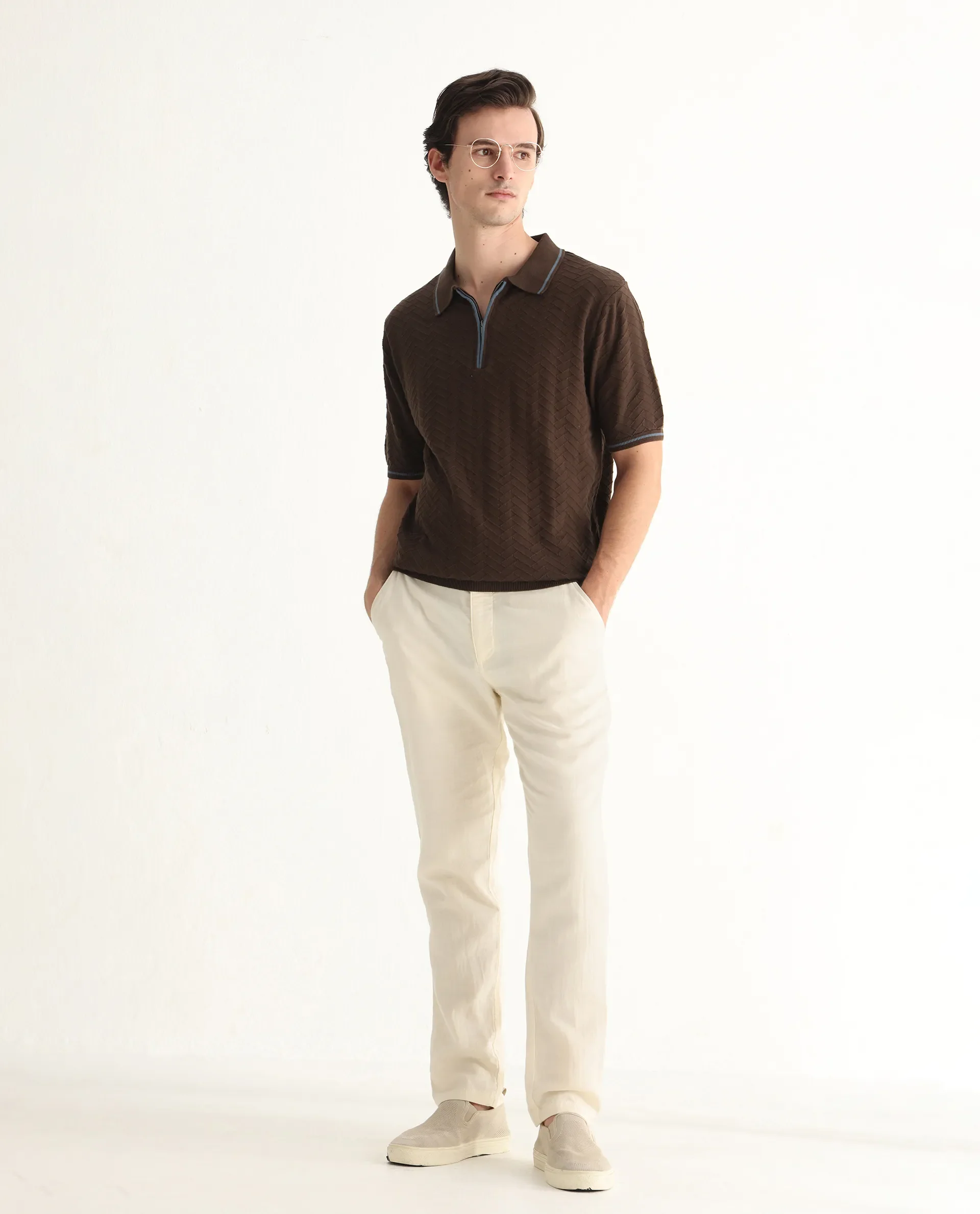 Rare Rabbit Men's Amet Dark Brown Cotton Blend Textured Regular Fit Half Sleeve Polo - Image 2