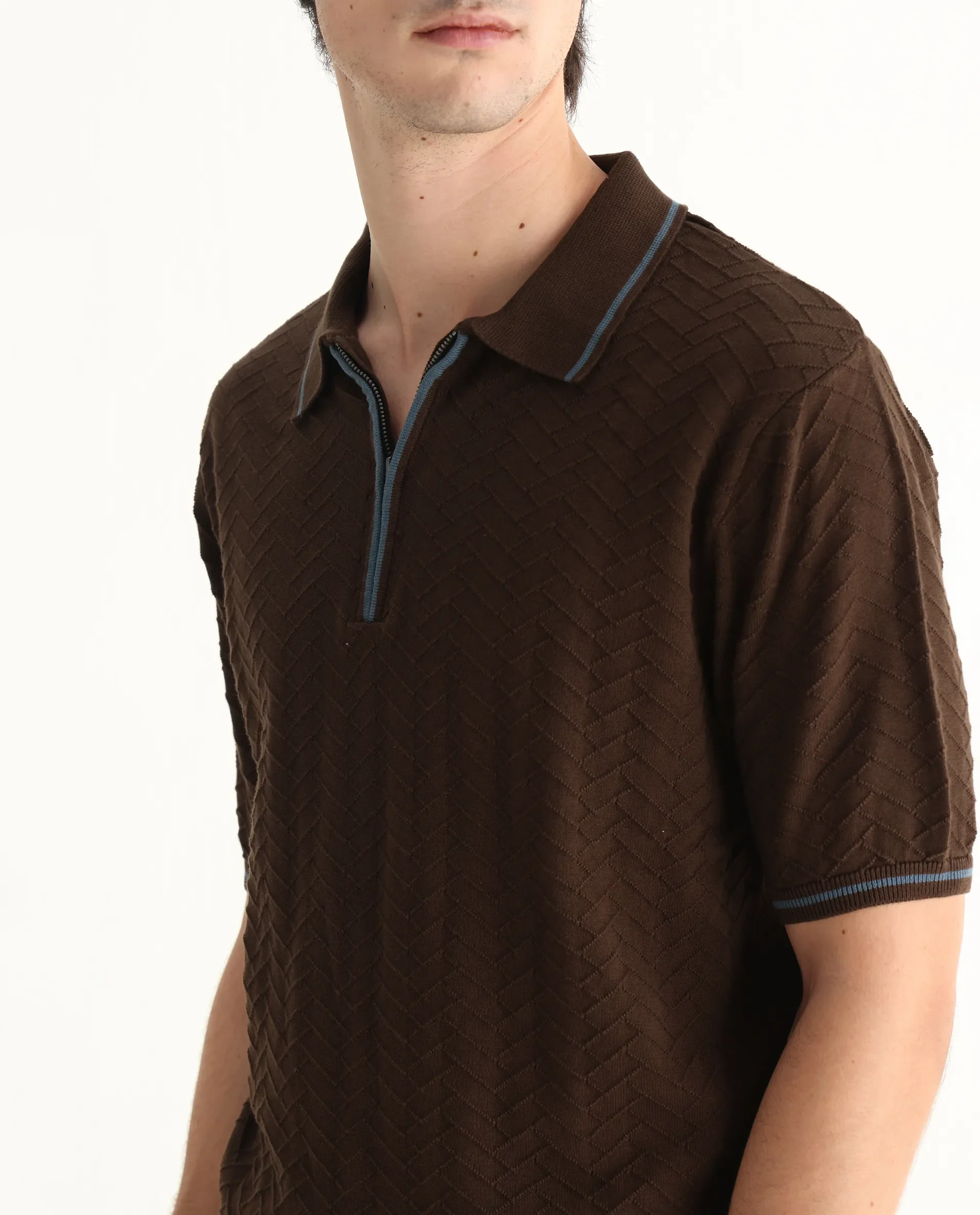 Rare Rabbit Men's Amet Dark Brown Cotton Blend Textured Regular Fit Half Sleeve Polo - Image 3