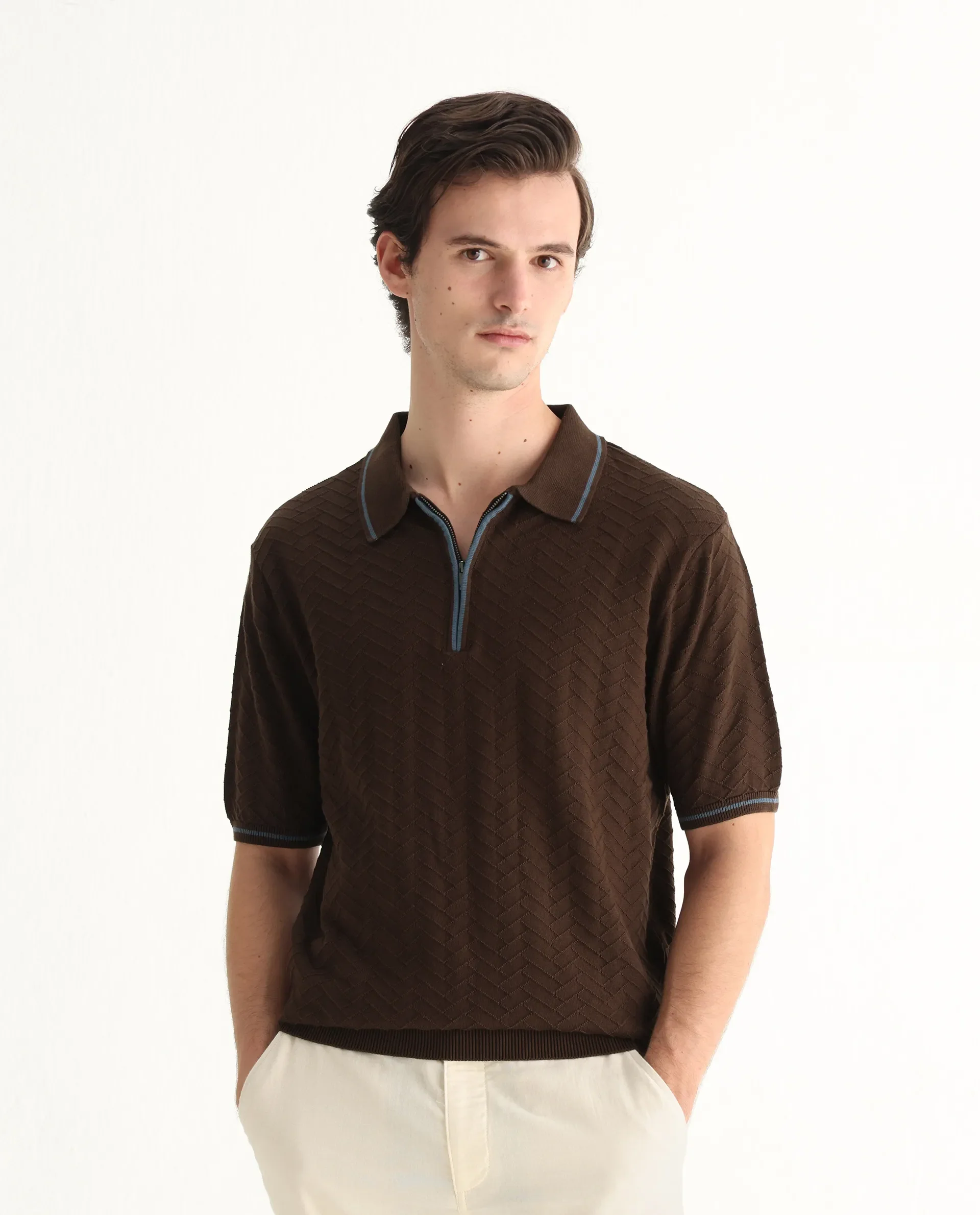 Rare Rabbit Men's Amet Dark Brown Cotton Blend Textured Regular Fit Half Sleeve Polo - Image 4