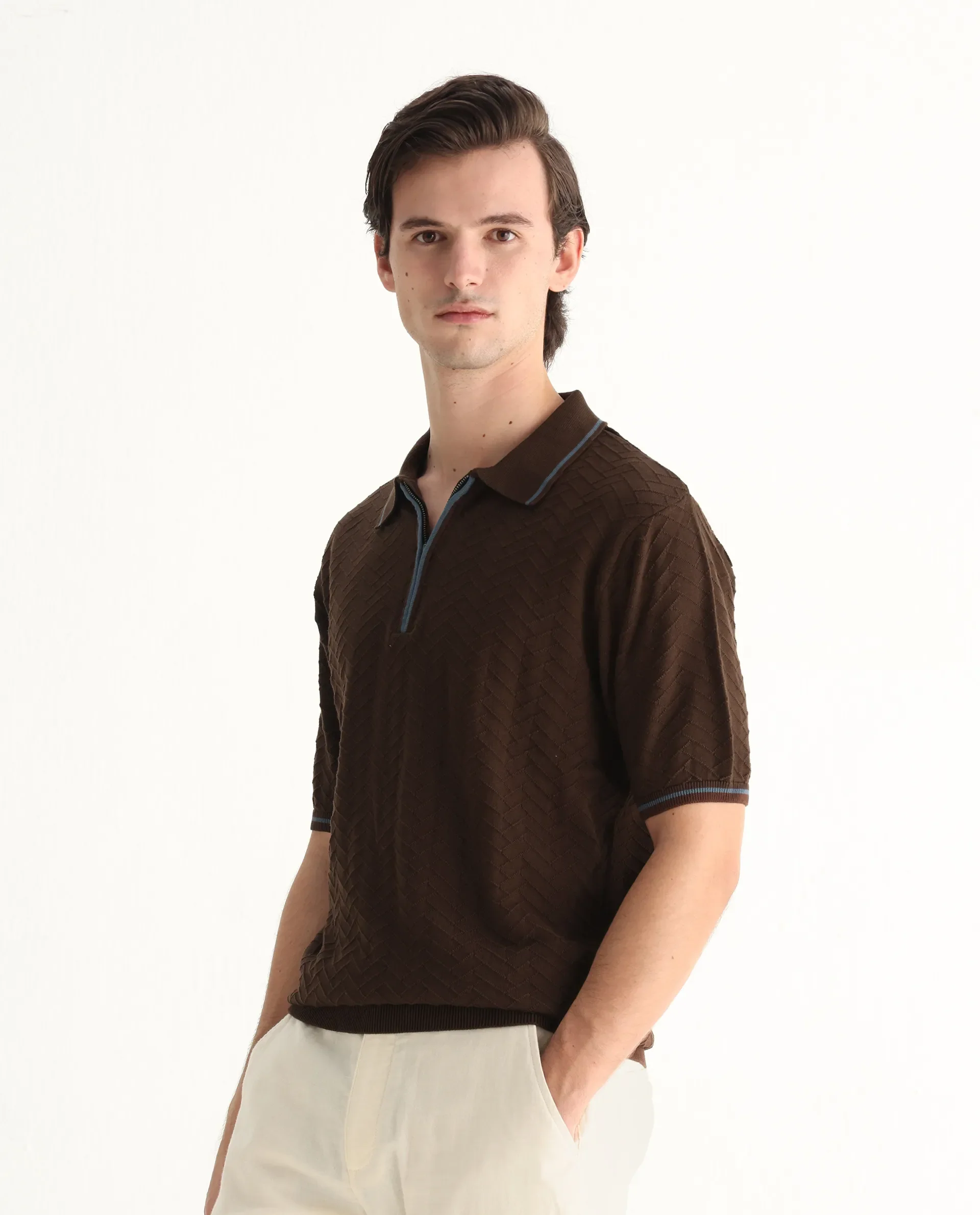 Rare Rabbit Men's Amet Dark Brown Cotton Blend Textured Regular Fit Half Sleeve Polo - Image 5
