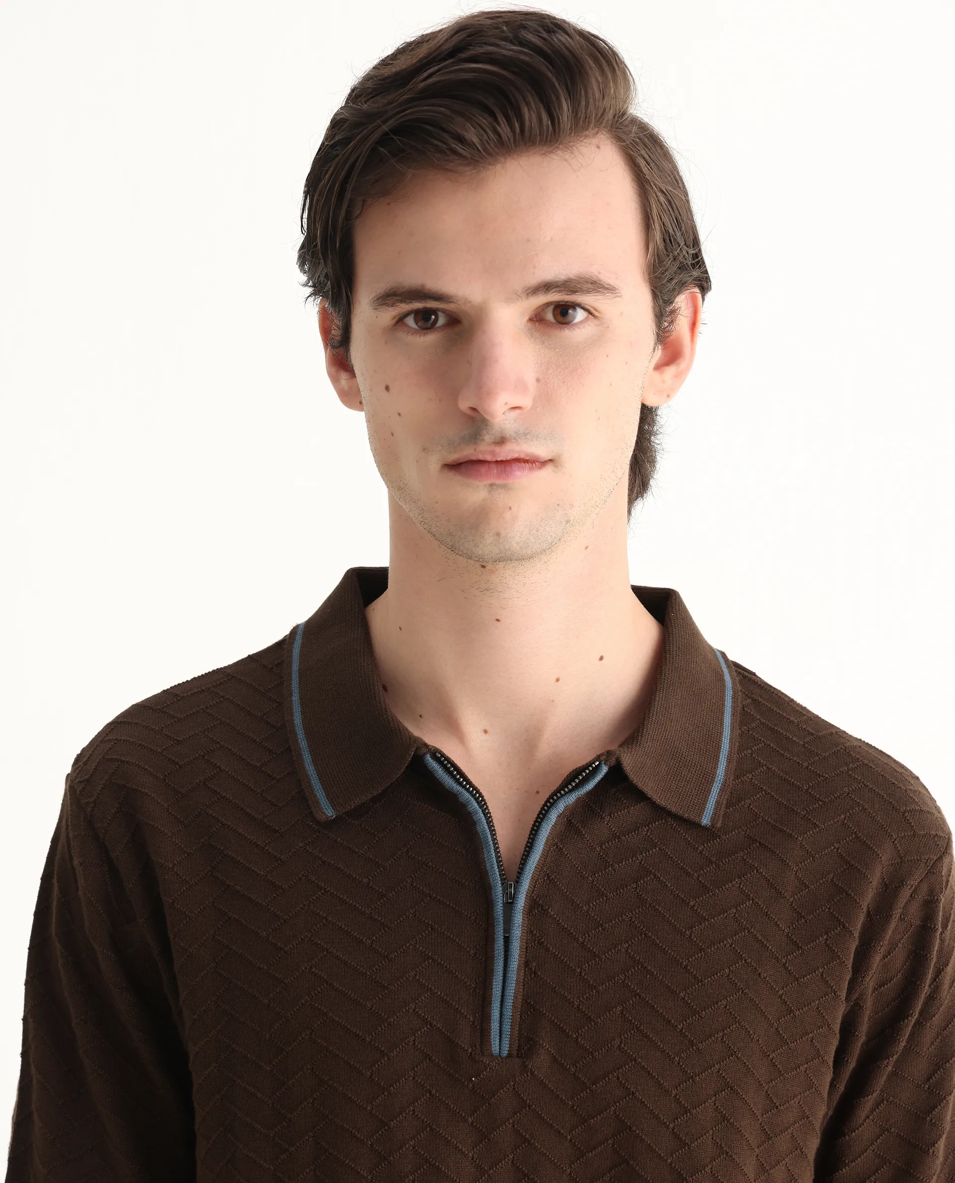 Rare Rabbit Men's Amet Dark Brown Cotton Blend Textured Regular Fit Half Sleeve Polo - Image 7