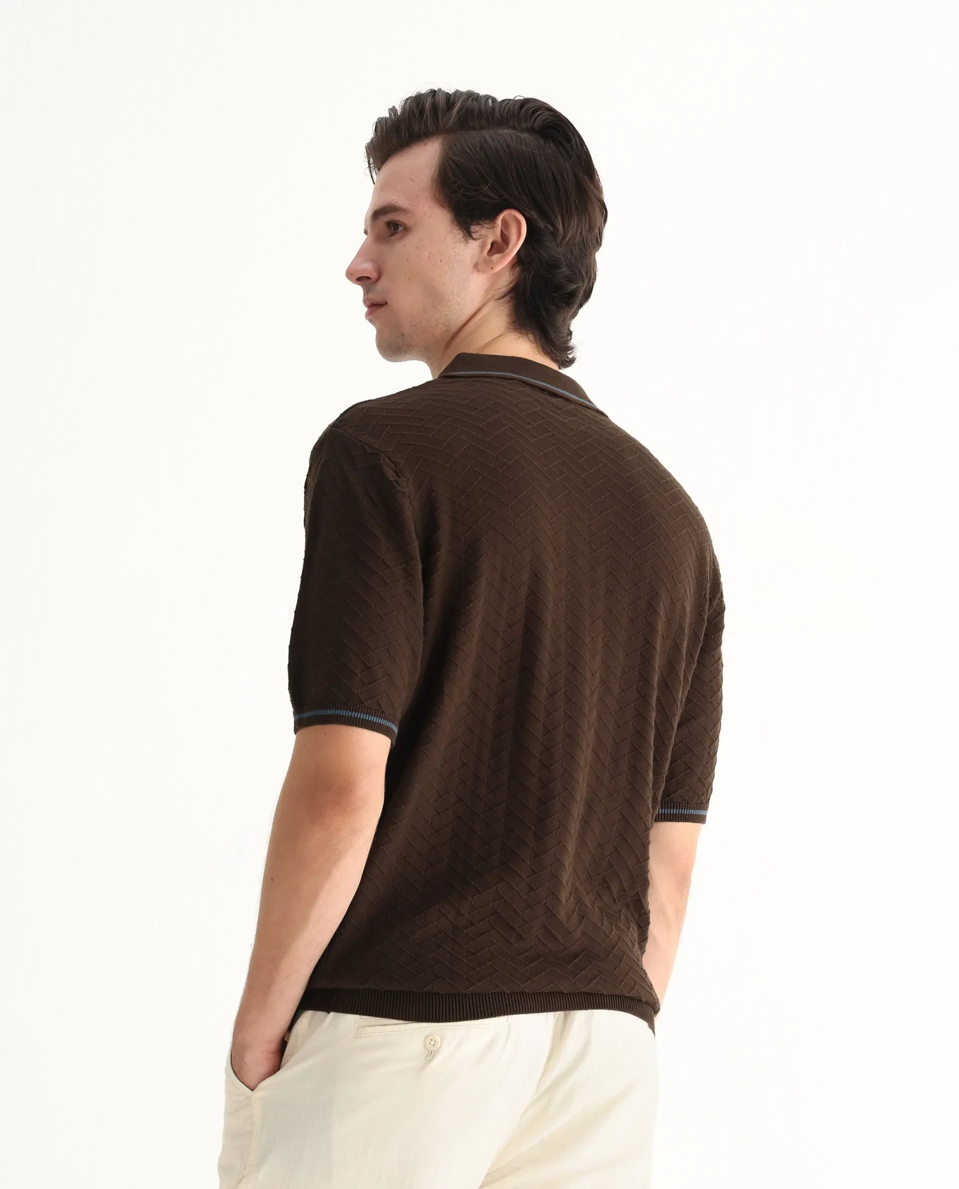 Rare Rabbit Men's Amet Dark Brown Cotton Blend Textured Regular Fit Half Sleeve Polo - Image 8