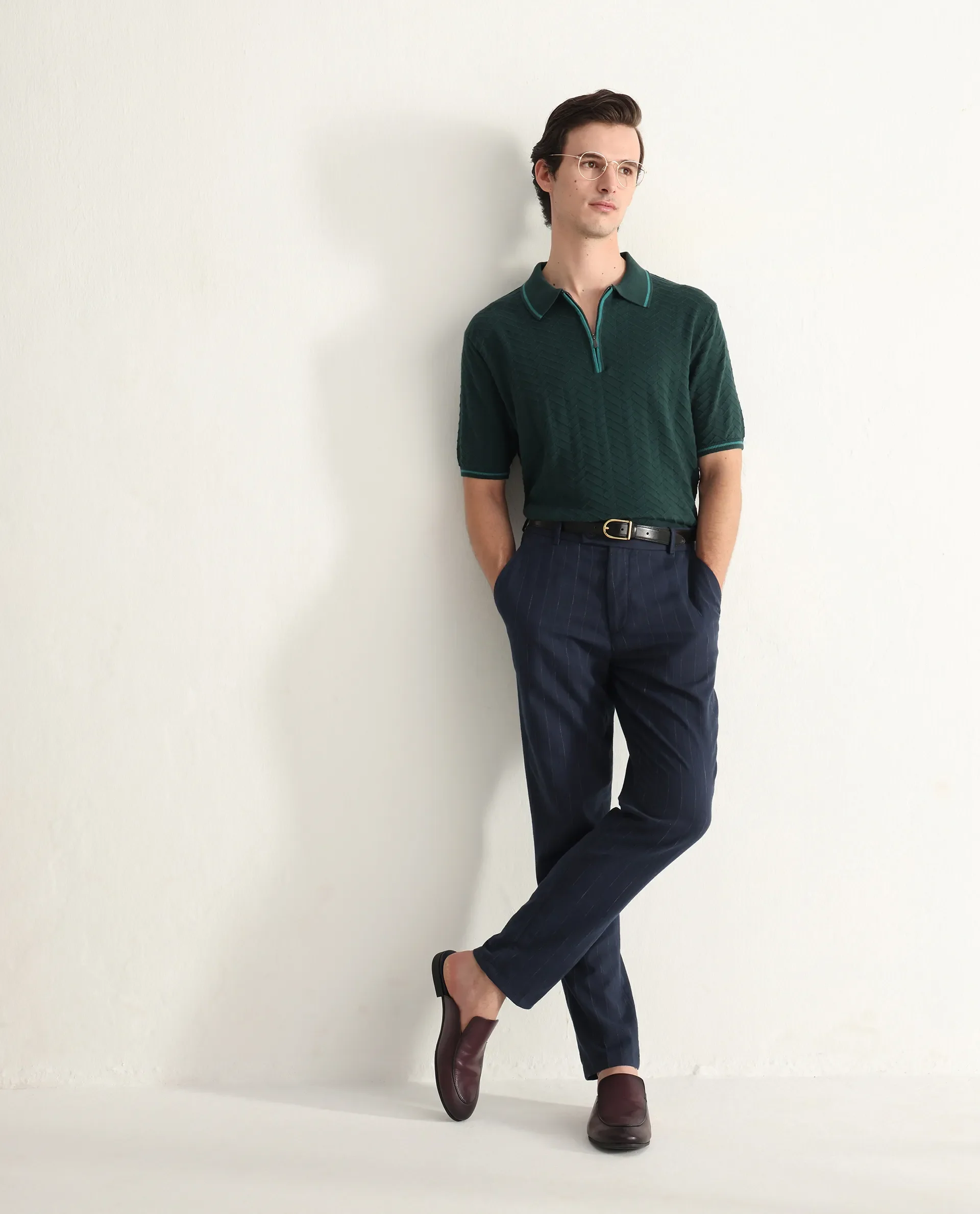 Rare Rabbit Men's Amet Dark Green Cotton Blend Textured Regular Fit Half Sleeve Polo - Image 2