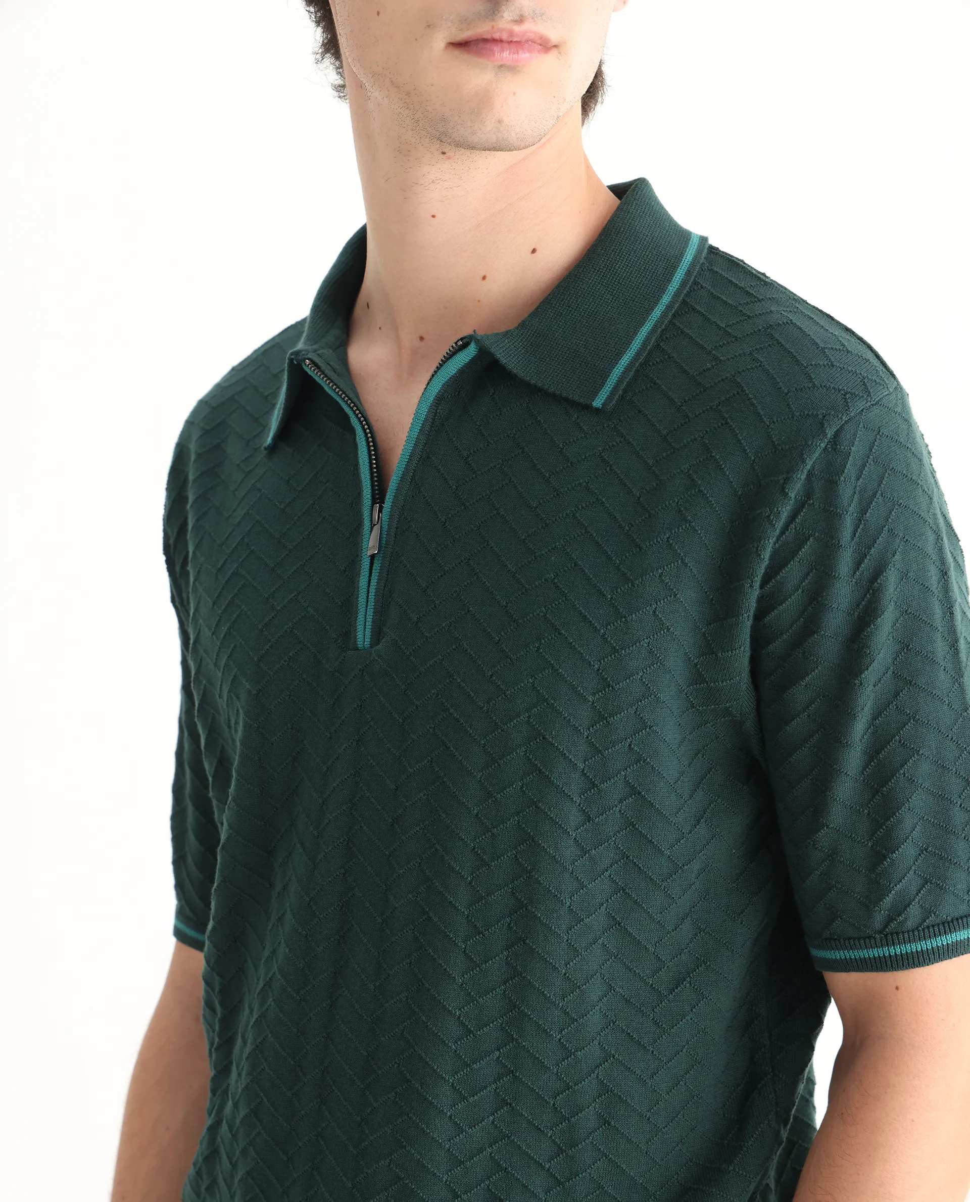 Rare Rabbit Men's Amet Dark Green Cotton Blend Textured Regular Fit Half Sleeve Polo - Image 3