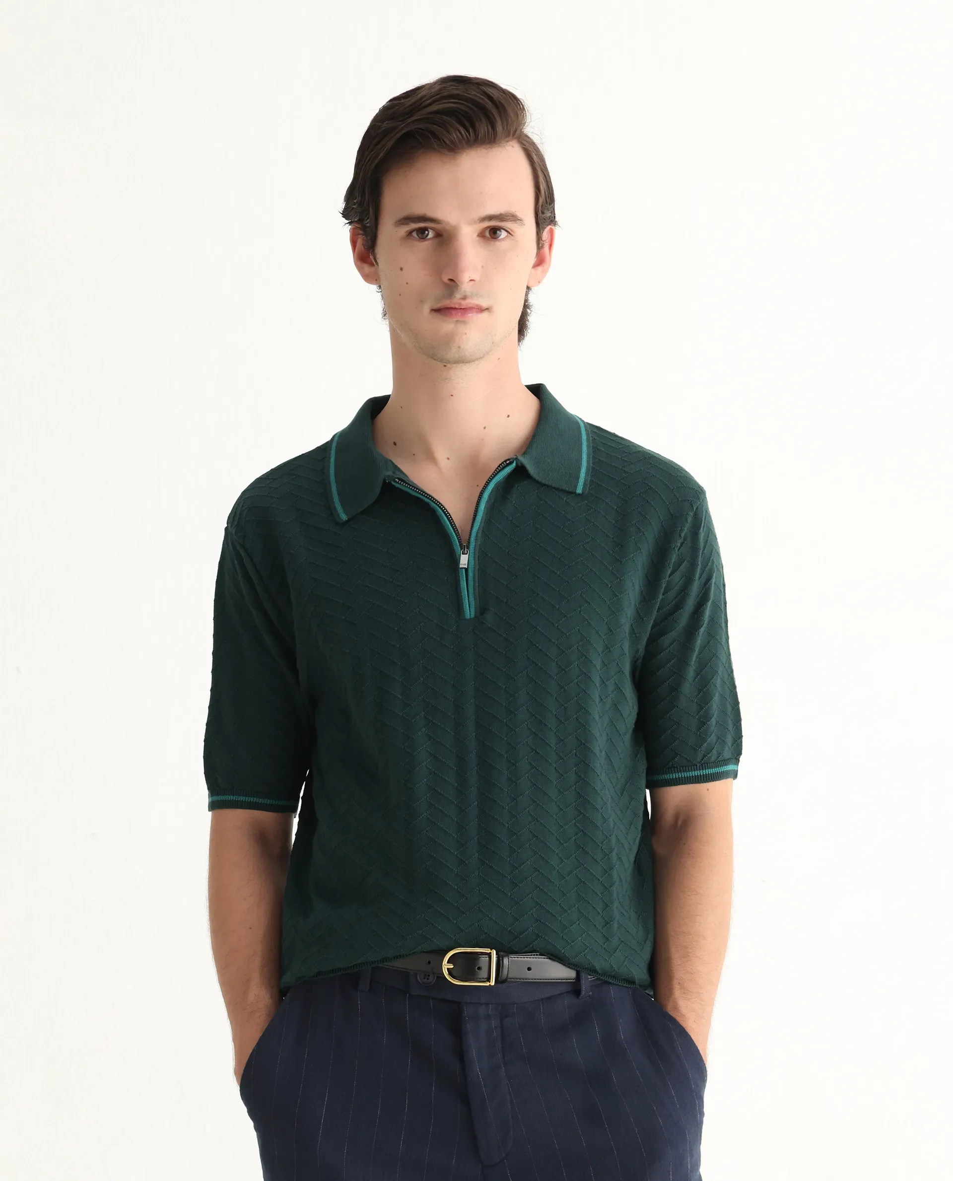 Rare Rabbit Men's Amet Dark Green Cotton Blend Textured Regular Fit Half Sleeve Polo - Image 4