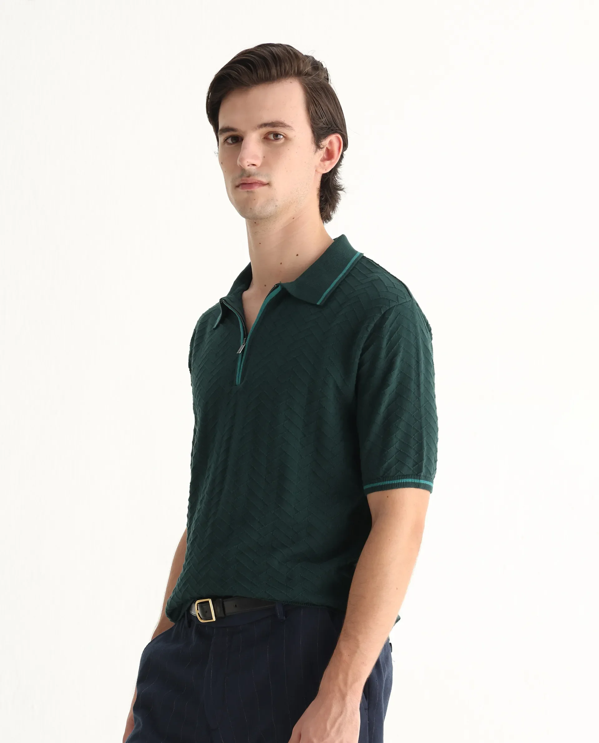 Rare Rabbit Men's Amet Dark Green Cotton Blend Textured Regular Fit Half Sleeve Polo - Image 5