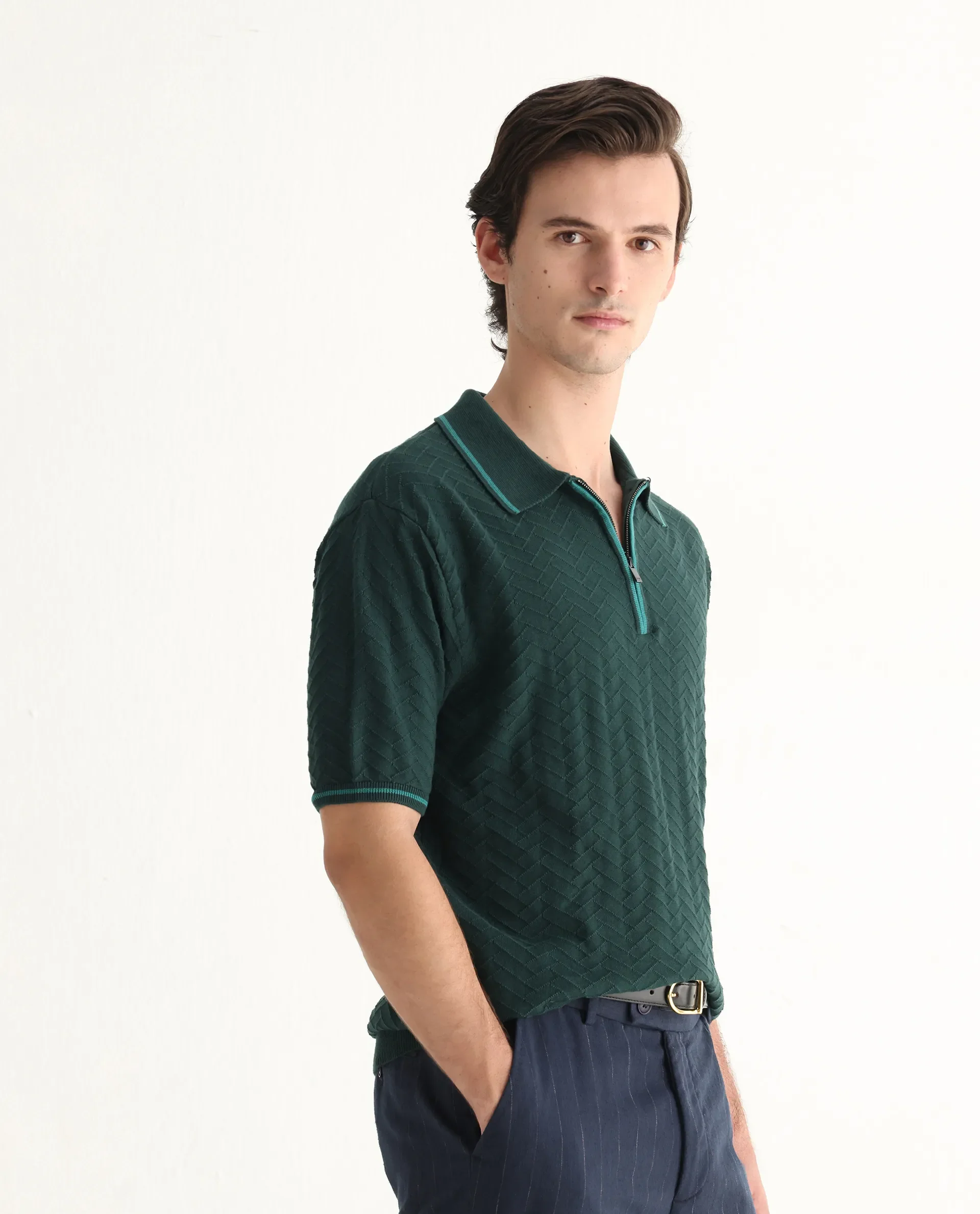 Rare Rabbit Men's Amet Dark Green Cotton Blend Textured Regular Fit Half Sleeve Polo - Image 6