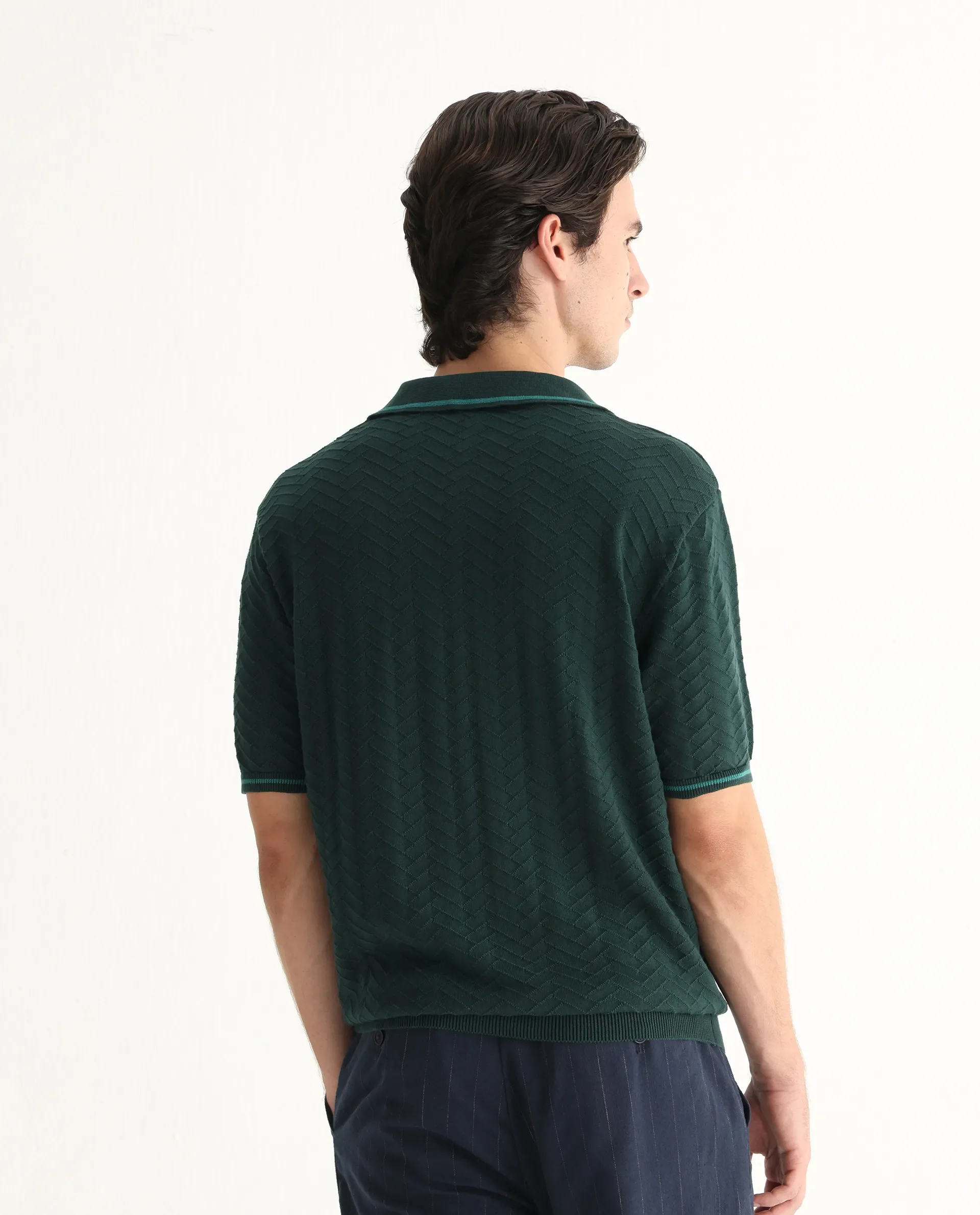Rare Rabbit Men's Amet Dark Green Cotton Blend Textured Regular Fit Half Sleeve Polo - Image 8