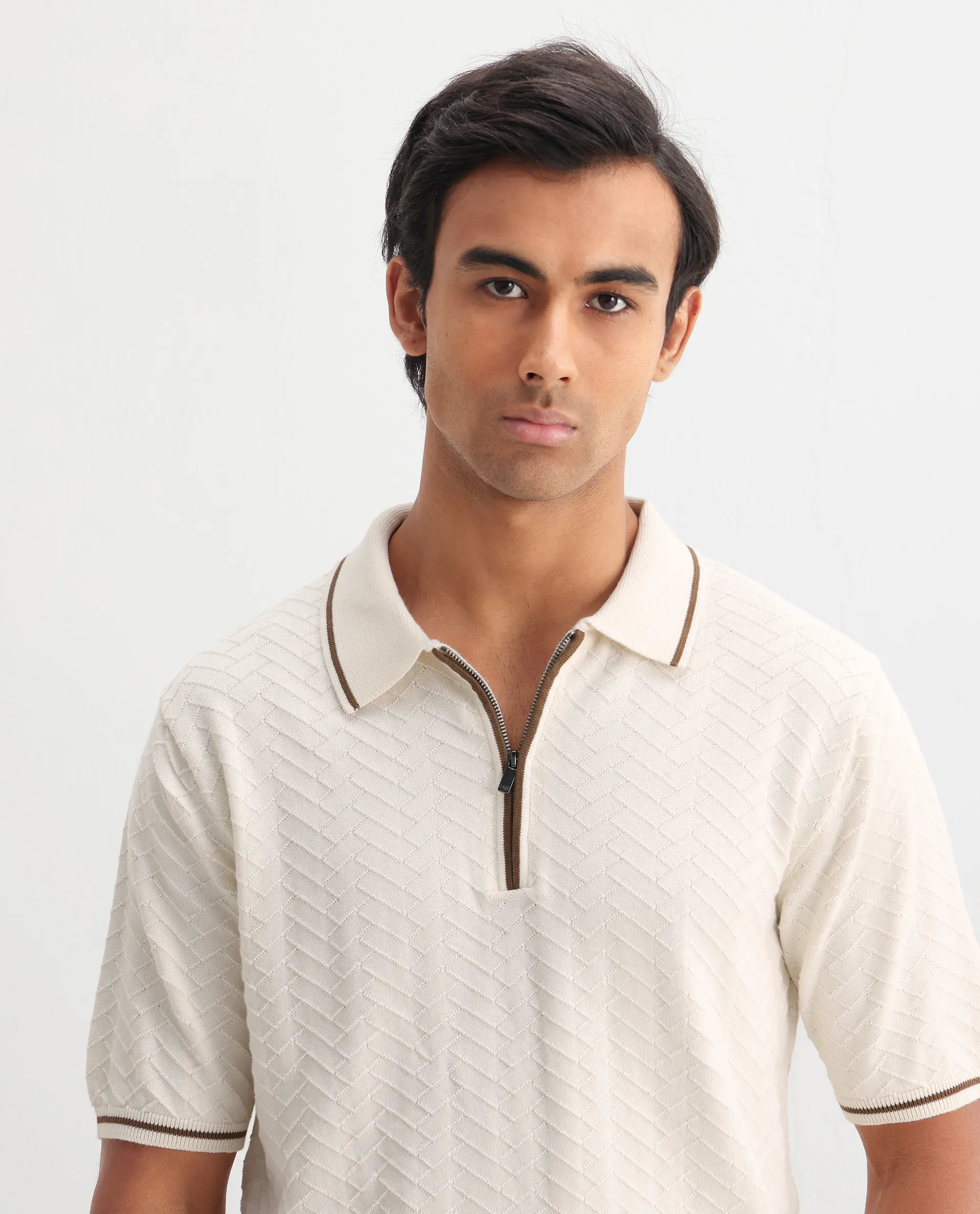Rare Rabbit Men's Amet Off White Cotton Blend Textured Regular Fit Half Sleeve Polo - Image 3