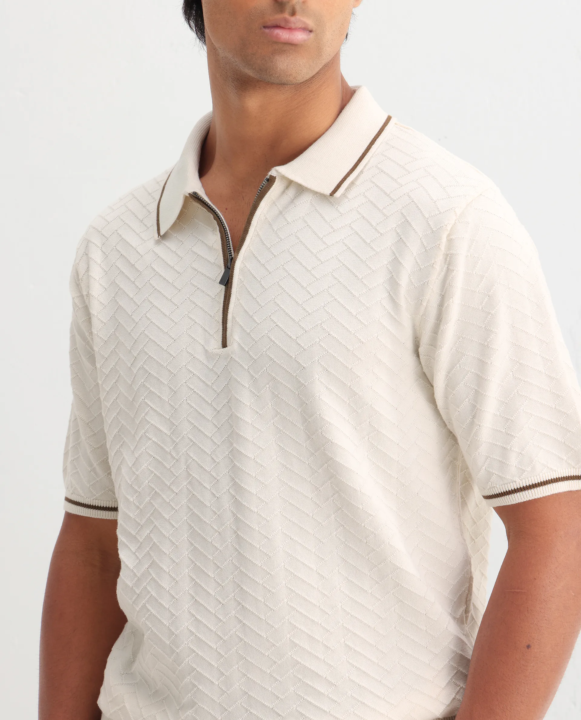 Rare Rabbit Men's Amet Off White Cotton Blend Textured Regular Fit Half Sleeve Polo - Image 4