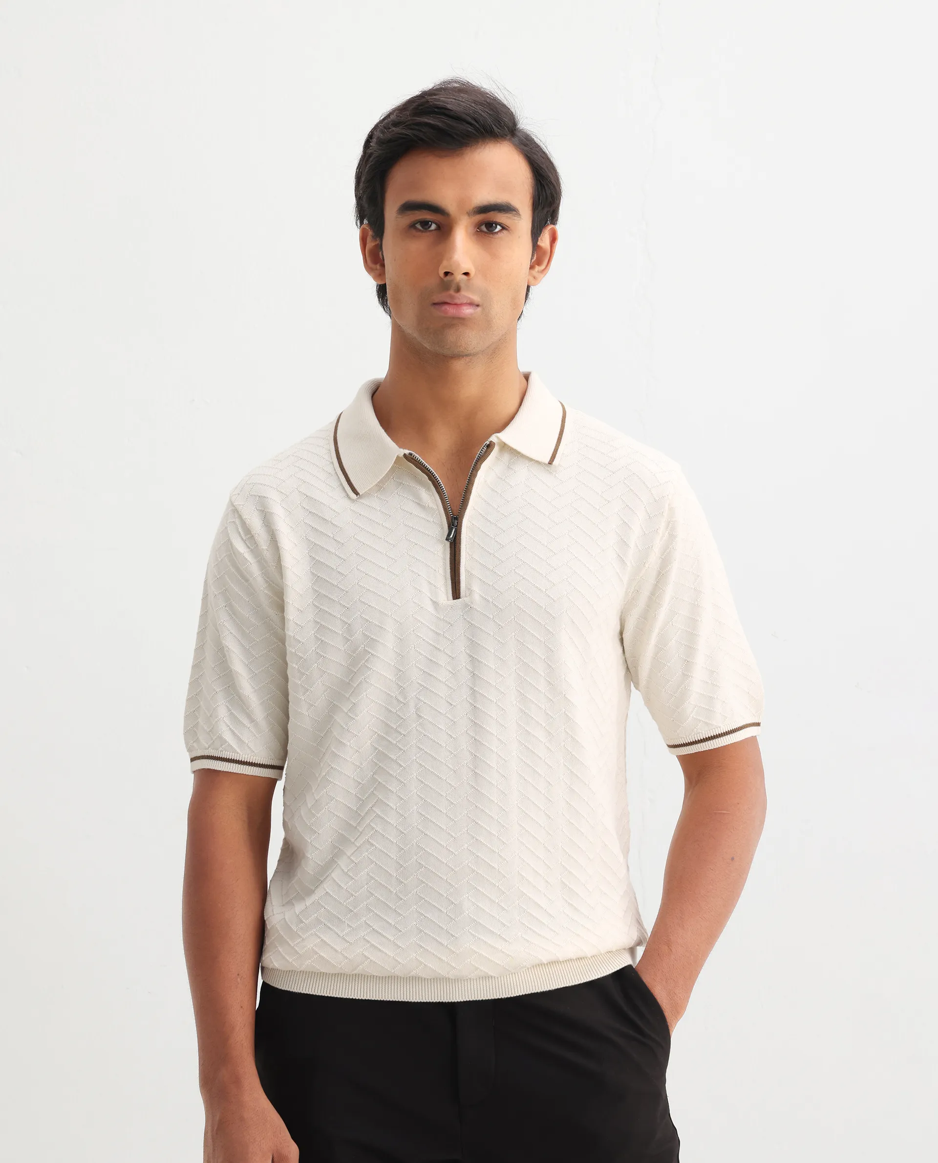 Rare Rabbit Men's Amet Off White Cotton Blend Textured Regular Fit Half Sleeve Polo - Image 5