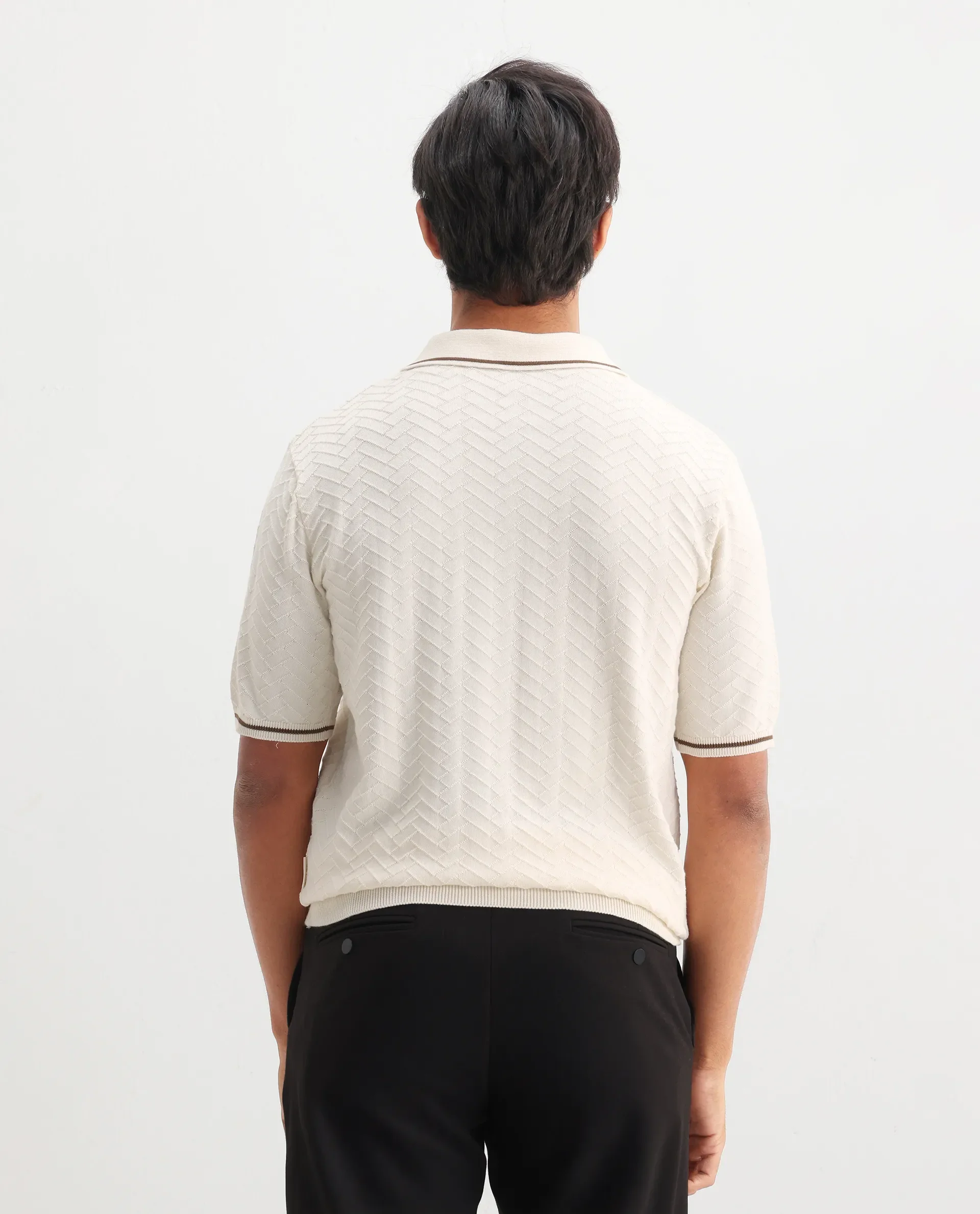 Rare Rabbit Men's Amet Off White Cotton Blend Textured Regular Fit Half Sleeve Polo - Image 6