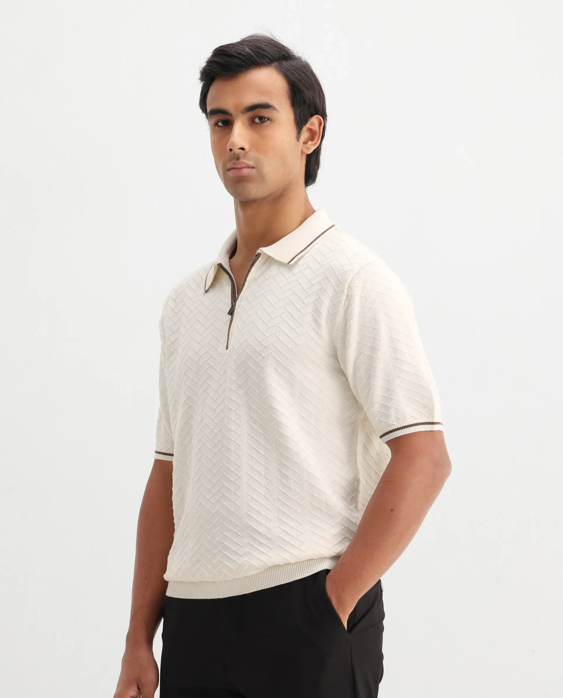 Rare Rabbit Men's Amet Off White Cotton Blend Textured Regular Fit Half Sleeve Polo - Image 7