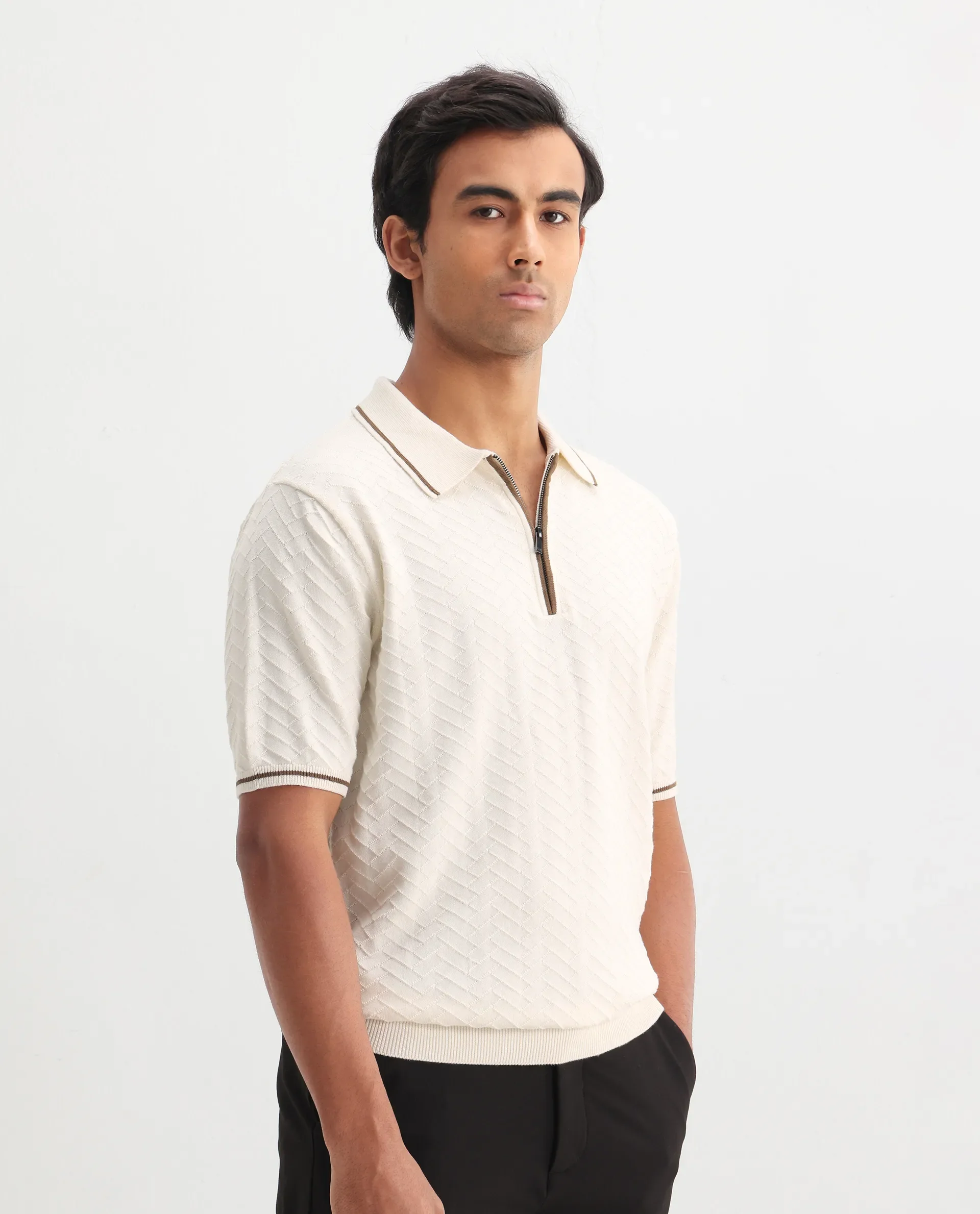 Rare Rabbit Men's Amet Off White Cotton Blend Textured Regular Fit Half Sleeve Polo - Image 8