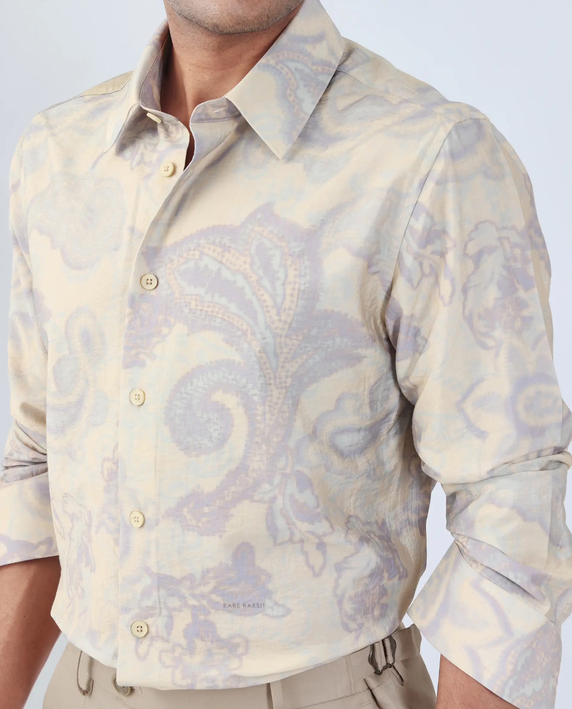 Rare Rabbit Men's Ami Beige Viscose Blend Abstract Print Relaxed Fit Full Sleeve Collared Shirt - Image 3