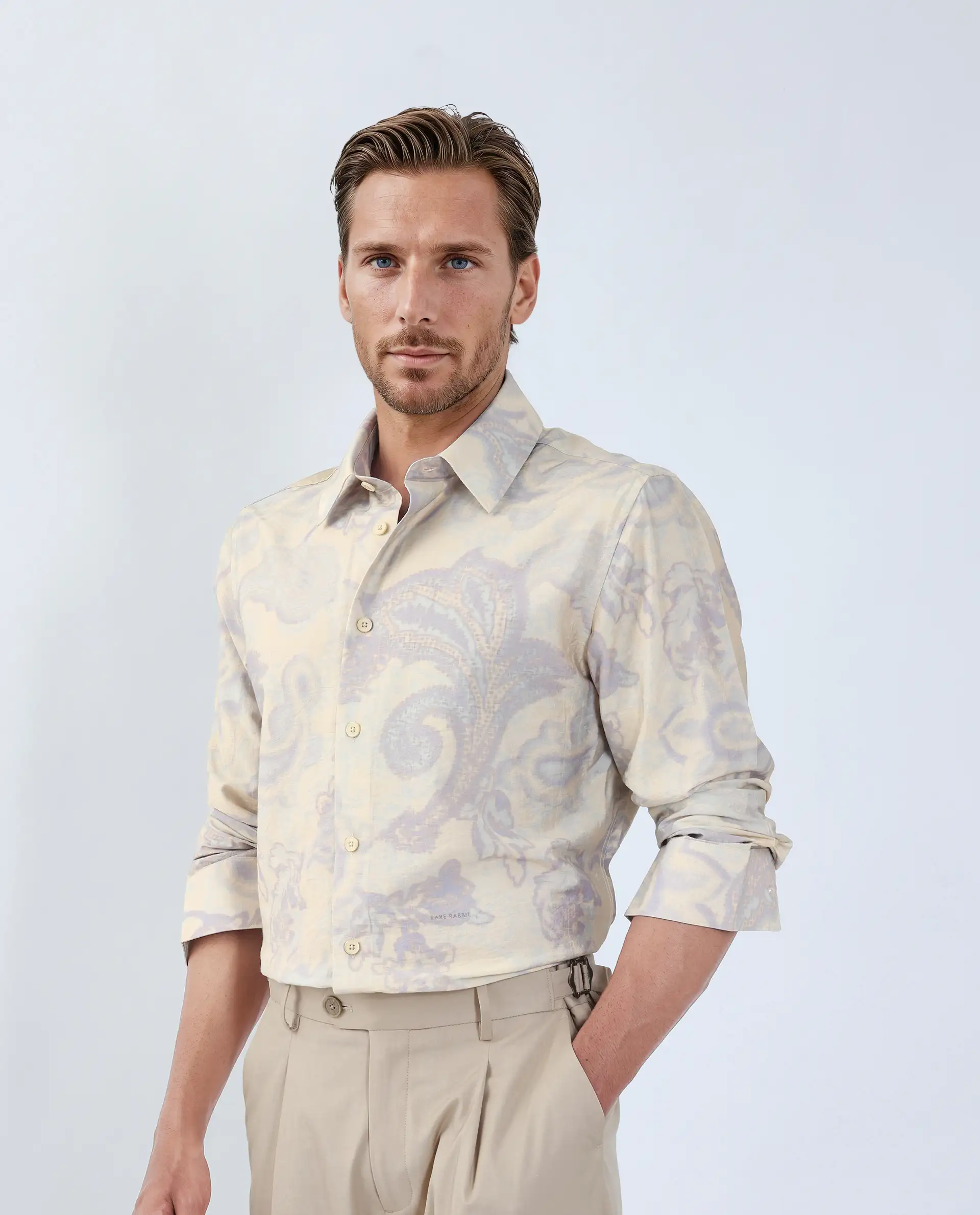 Rare Rabbit Men's Ami Beige Viscose Blend Abstract Print Relaxed Fit Full Sleeve Collared Shirt - Image 5