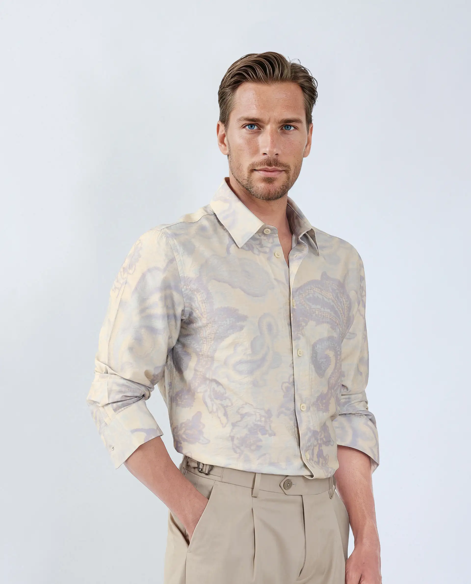 Rare Rabbit Men's Ami Beige Viscose Blend Abstract Print Relaxed Fit Full Sleeve Collared Shirt - Image 6