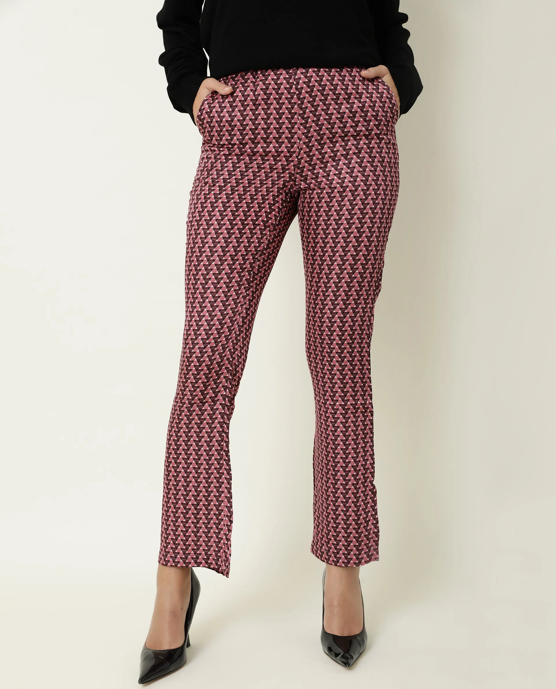 Rareism Women's Amilia Beige Viscose Geometric Print Ankle Length Bootcut Trouser - Image 2