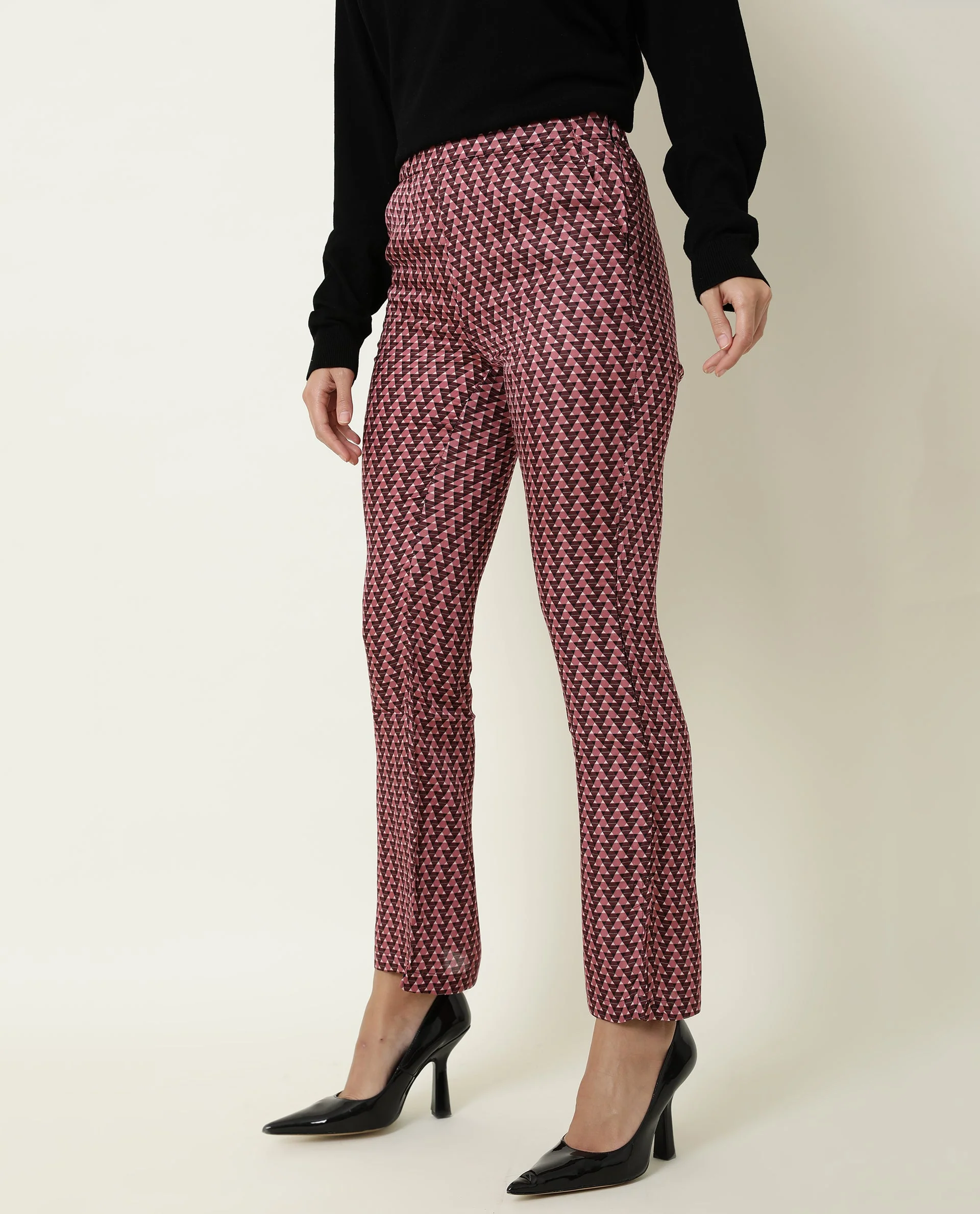 Rareism Women's Amilia Beige Viscose Geometric Print Ankle Length Bootcut Trouser - Image 5