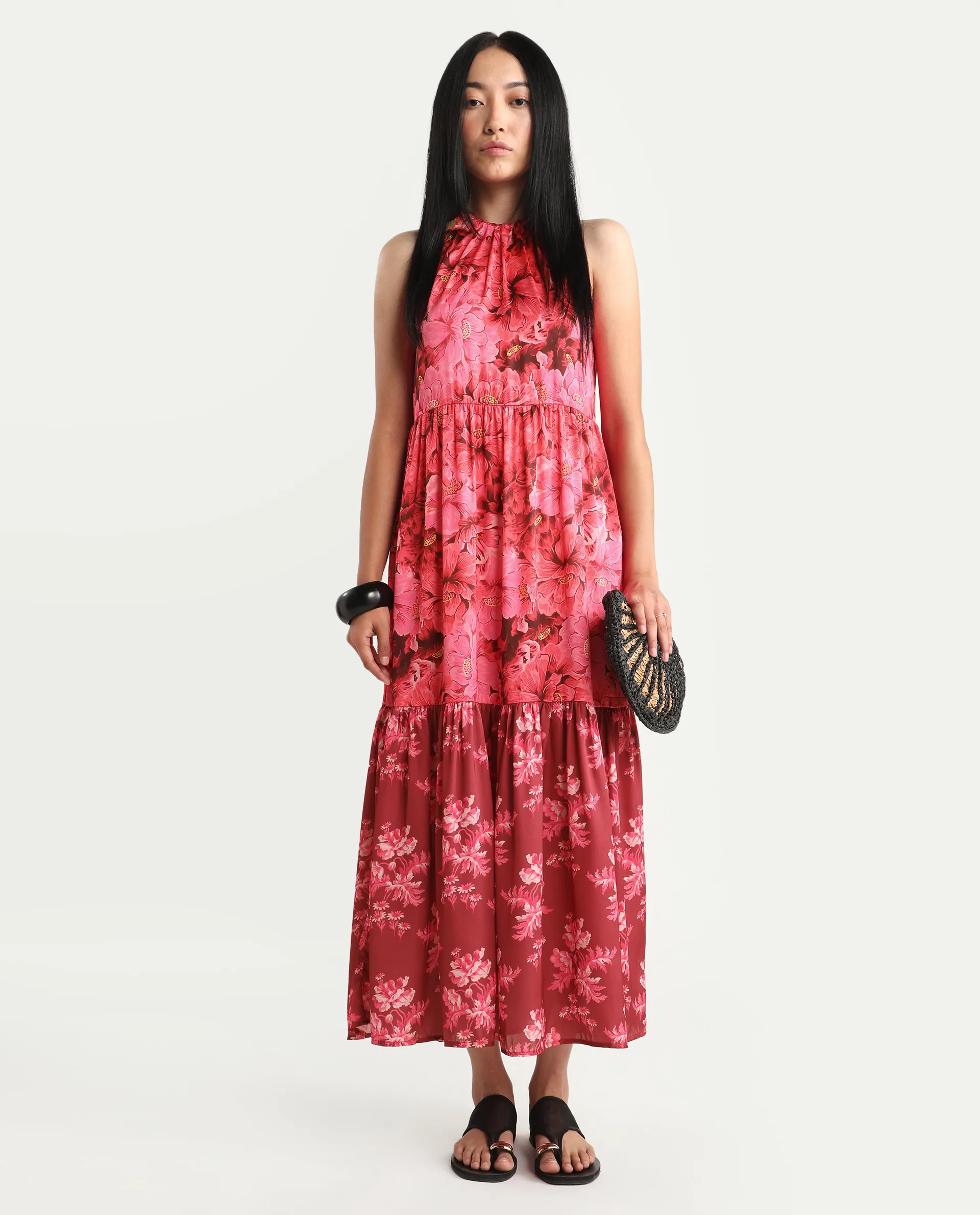 Rareism Women's Amilio Maroon Polyester Halter Neck Floral Print Sleeveless Maxi Regular Fit Dress