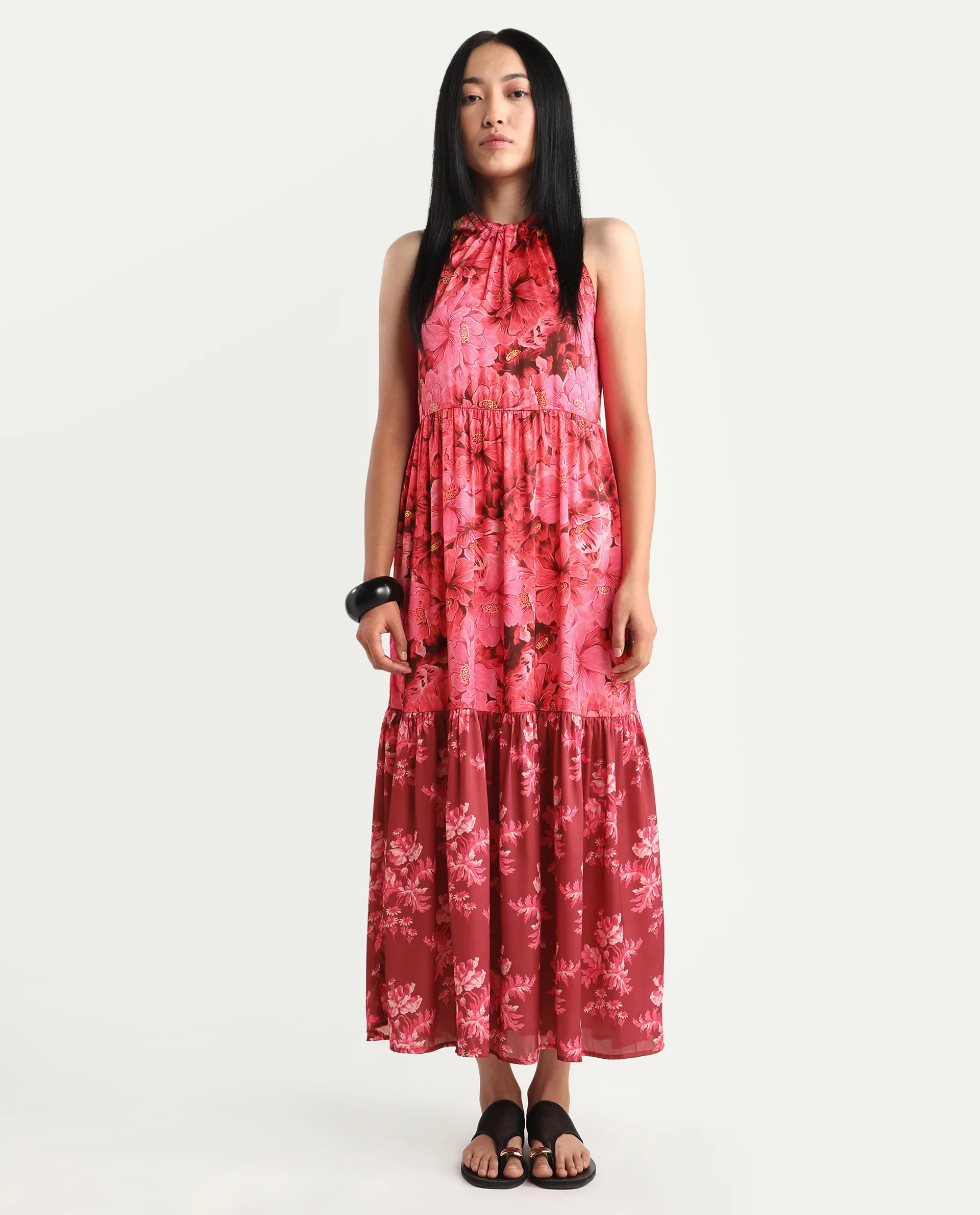 Rareism Women's Amilio Maroon Polyester Halter Neck Floral Print Sleeveless Maxi Regular Fit Dress - Image 2