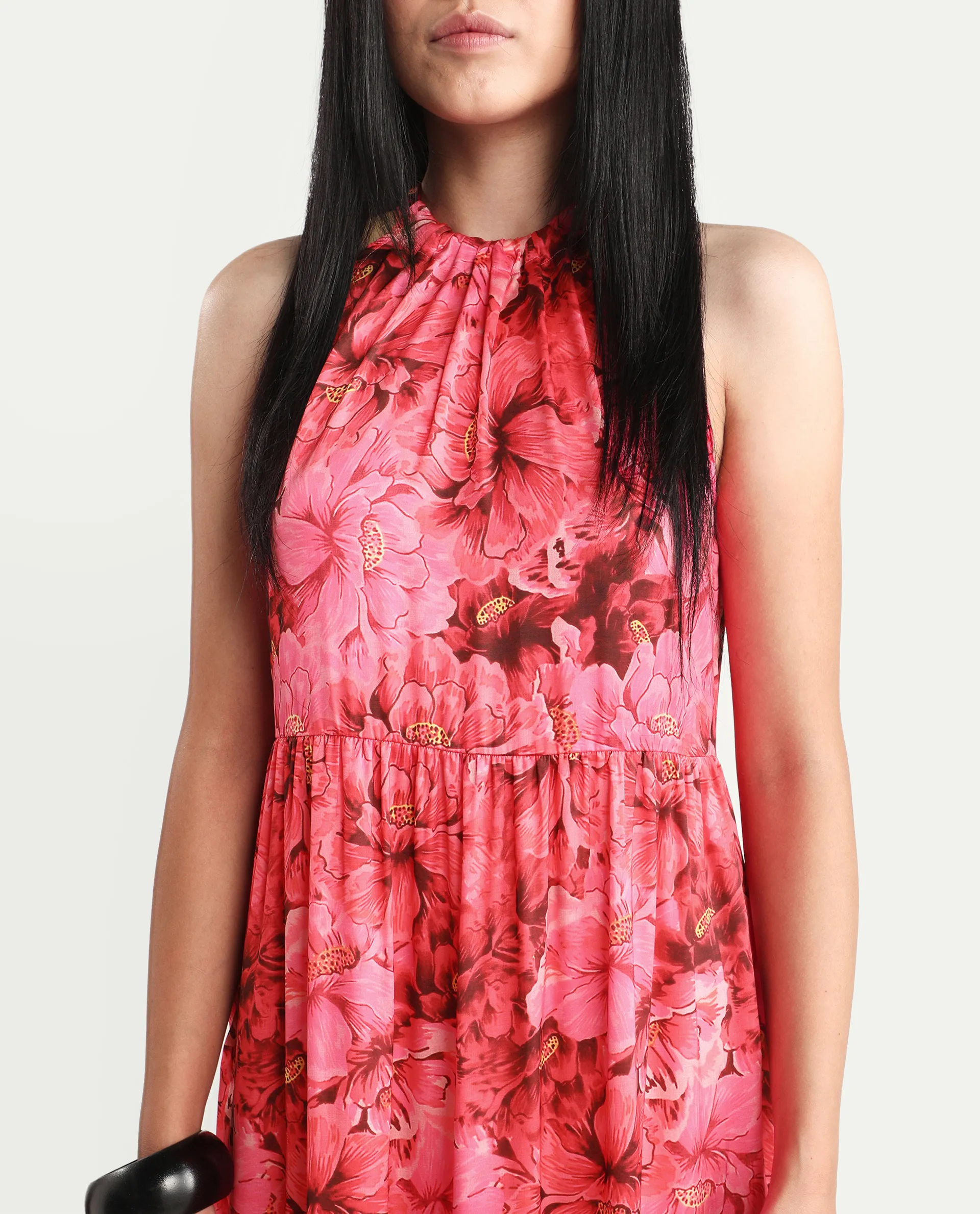 Rareism Women's Amilio Maroon Polyester Halter Neck Floral Print Sleeveless Maxi Regular Fit Dress - Image 3