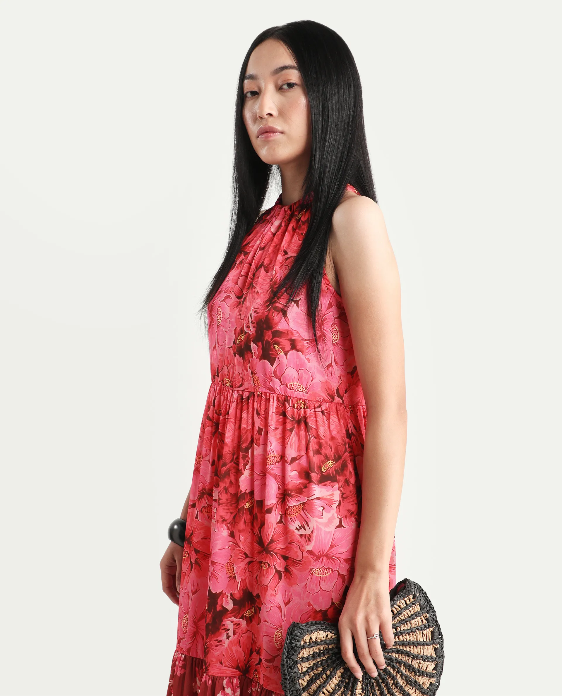 Rareism Women's Amilio Maroon Polyester Halter Neck Floral Print Sleeveless Maxi Regular Fit Dress - Image 4